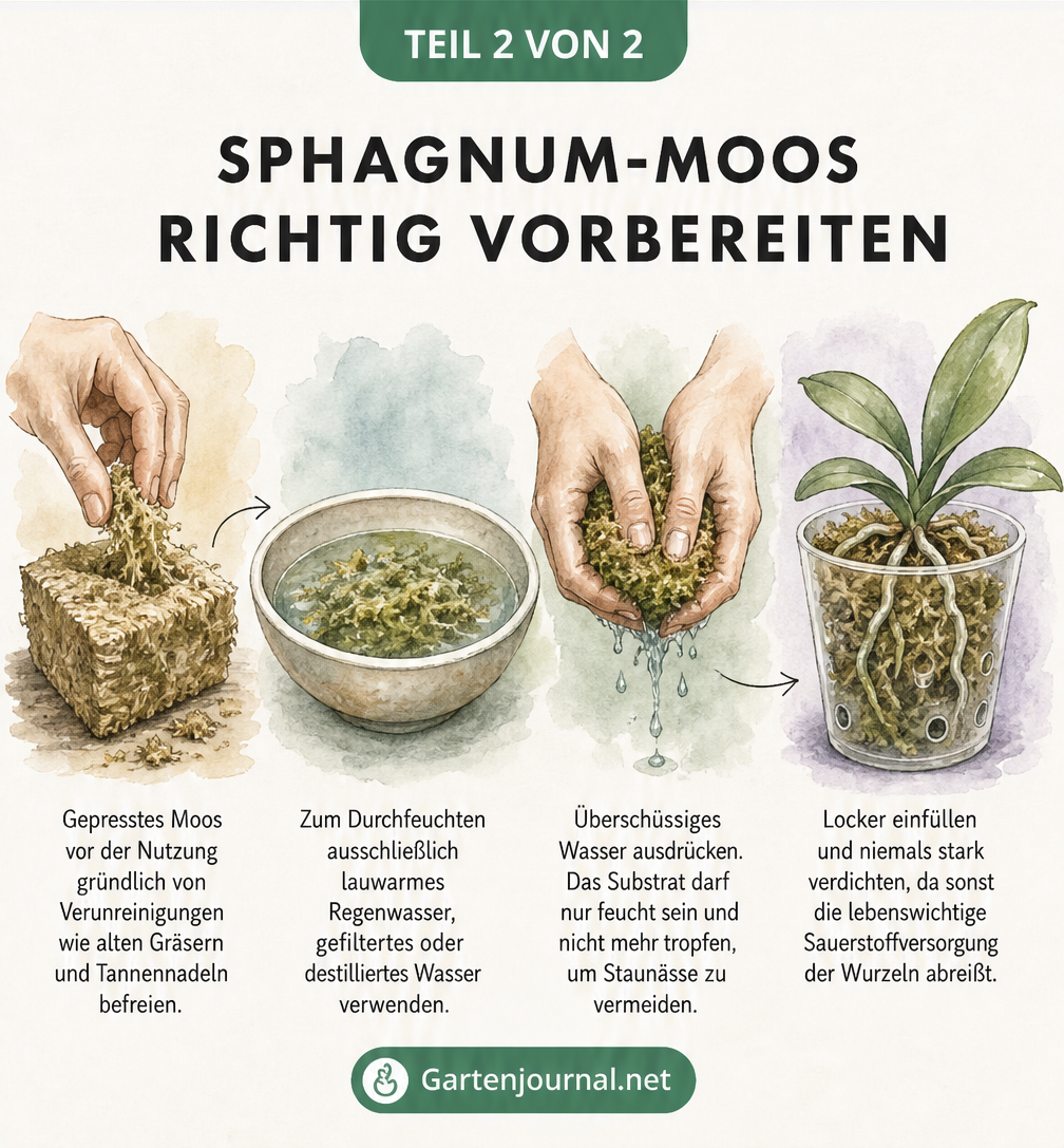 Vier Schritte zur Vorbereitung von Sphagnum-Moos: Säubern, in Wasser einweichen, ausdrücken und locker in den Orchideentopf füllen