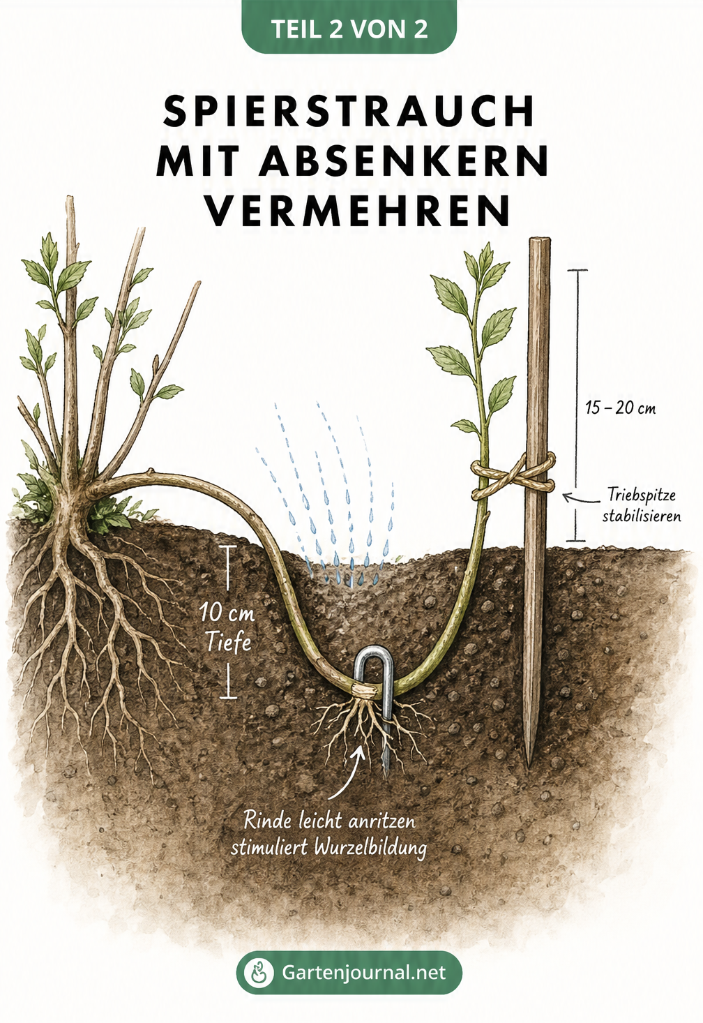 Querschnitt-Zeichnung zur Vermehrung eines Spierstrauchs durch Absenker, bei der ein Trieb in die Erde gebogen, angeritzt und fixiert wird