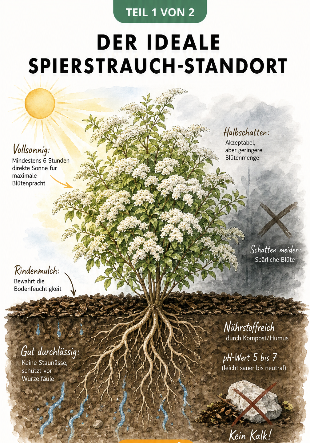 Botanische Illustration eines Spierstrauchs im Querschnitt mit Sonnenverlauf und Bodenprofil