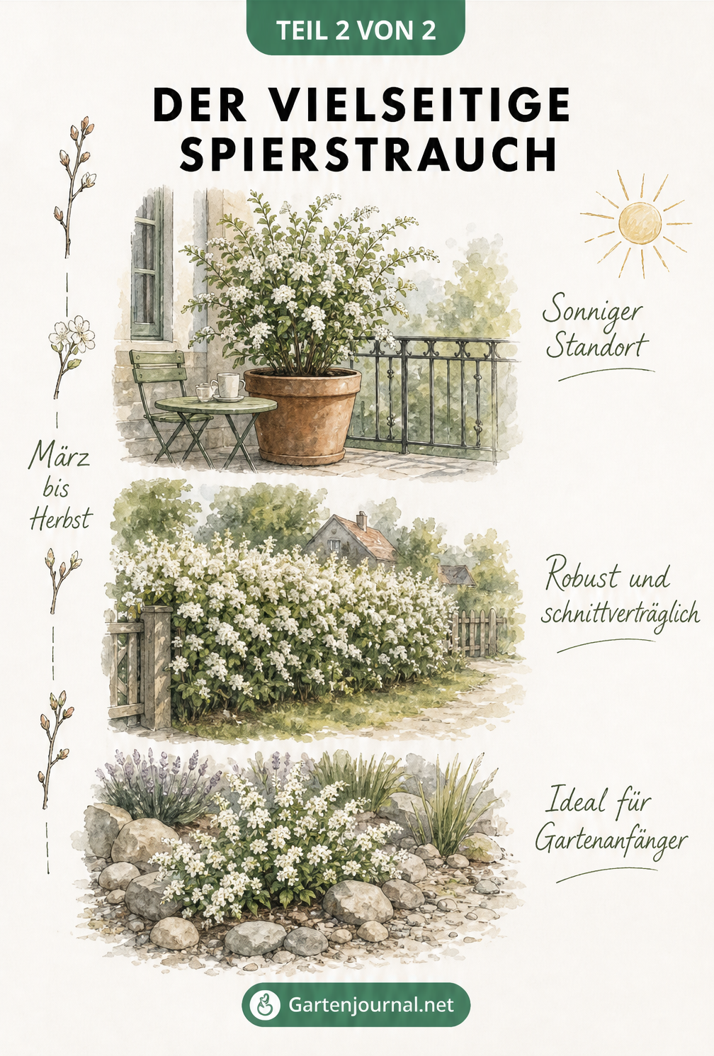 Querschnitt einer Gartenlandschaft mit Spierstrauch im Kübel, als Hecke und im Steingarten