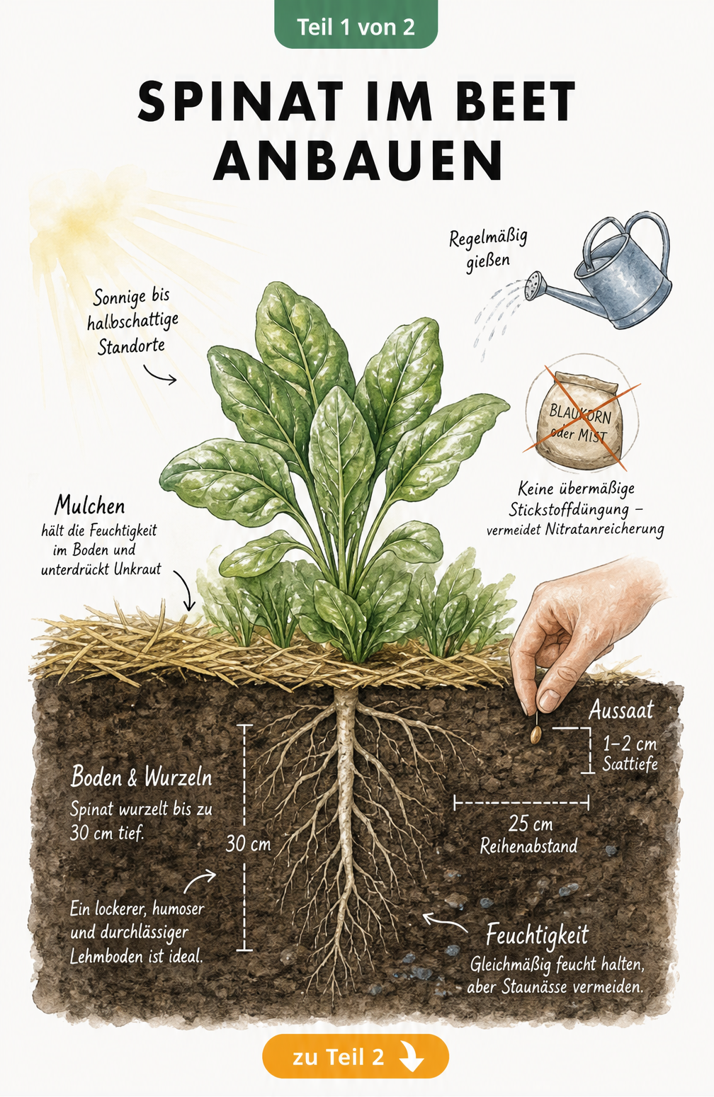 Querschnitt eines Gartenbeets mit einer Spinatpflanze, Wurzeln im Lehmboden und Aussaat-Hinweisen