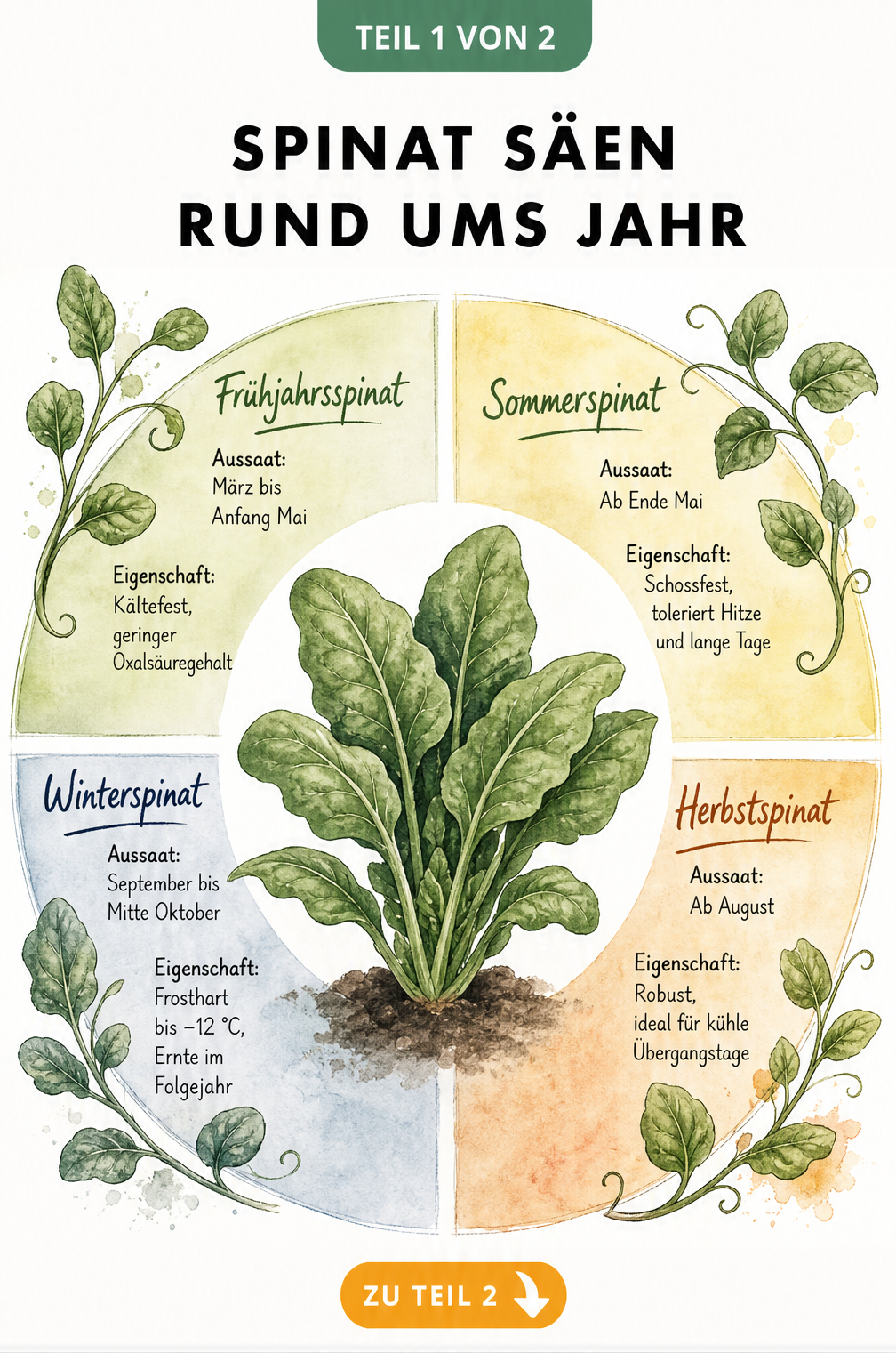 Jahreskreis mit vier Spinatsorten und deren Aussaatzeiten im Frühjahr, Sommer, Herbst und Winter