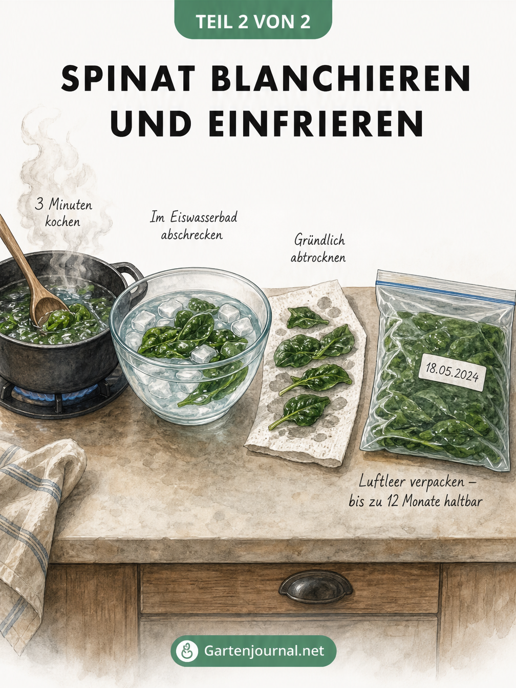 Illustration der Schritte zum Einfrieren von Spinat: Blanchieren im Topf, Abschrecken im Eiswasser, Abtrocknen auf Küchenpapier und luftdichtes Verpacken im...