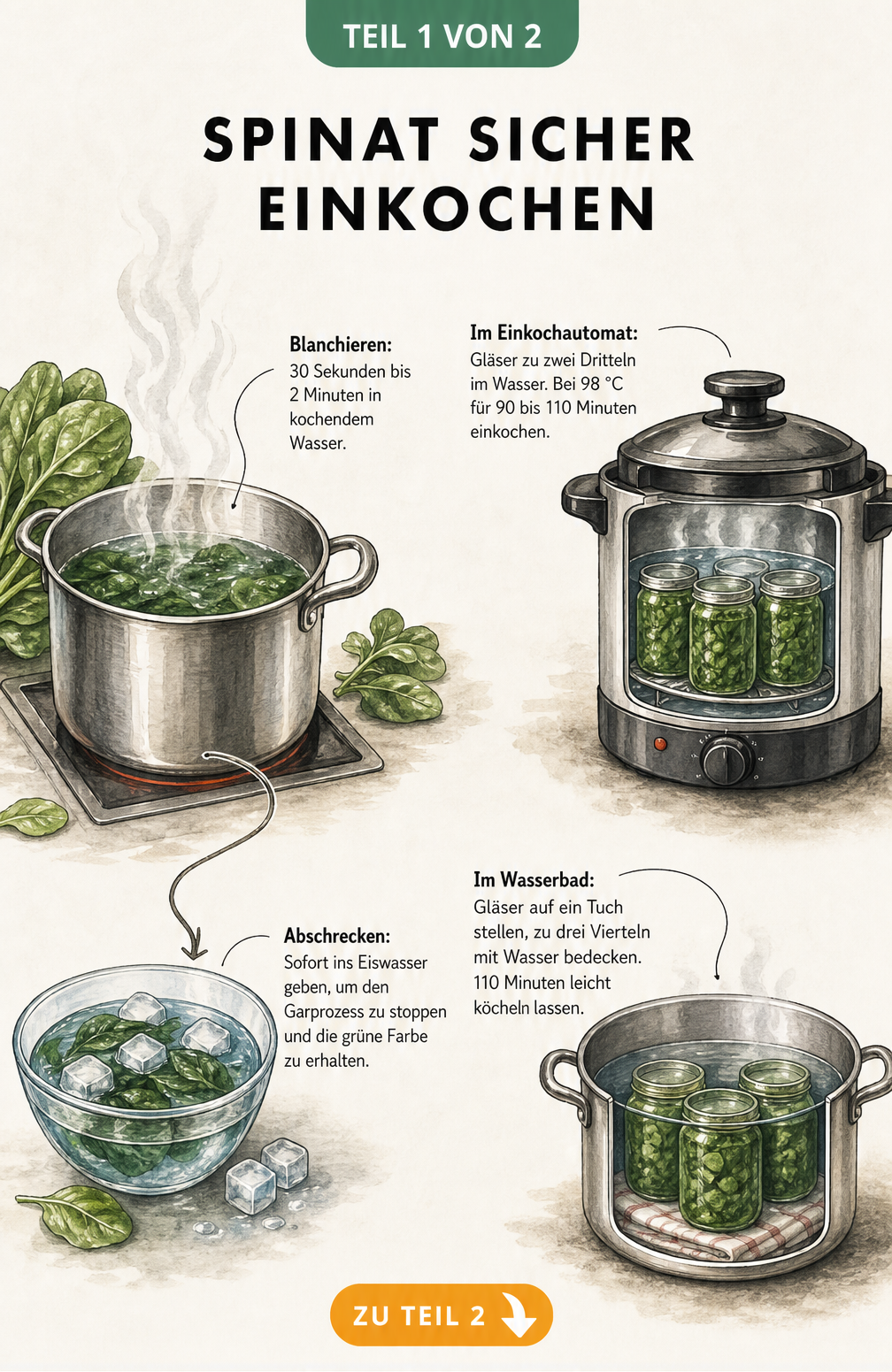 Illustration des Blanchierens und Einkochens von Spinat im Wasserbad und Einkochautomaten