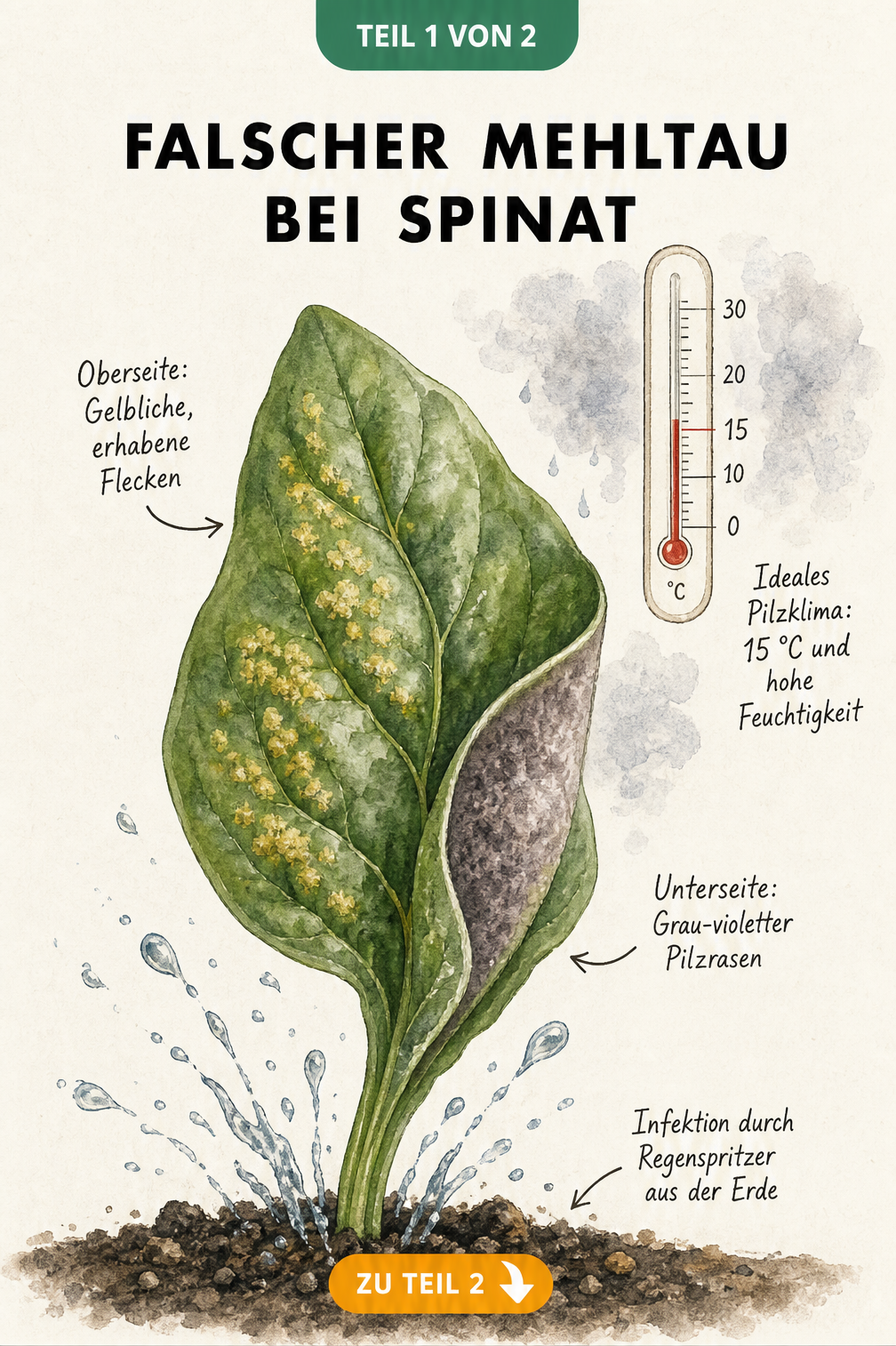 Botanische Illustration eines Spinatblattes mit gelblichen Flecken auf der Oberseite und grau-violettem Pilzrasen auf der Unterseite, verursacht durch Falschen...