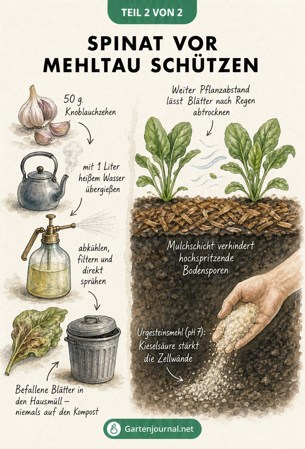 Illustration zur Vorbeugung von Mehltau bei Spinat mit Knoblauchsud, weitem Pflanzabstand, Mulchschicht und Urgesteinsmehl.
