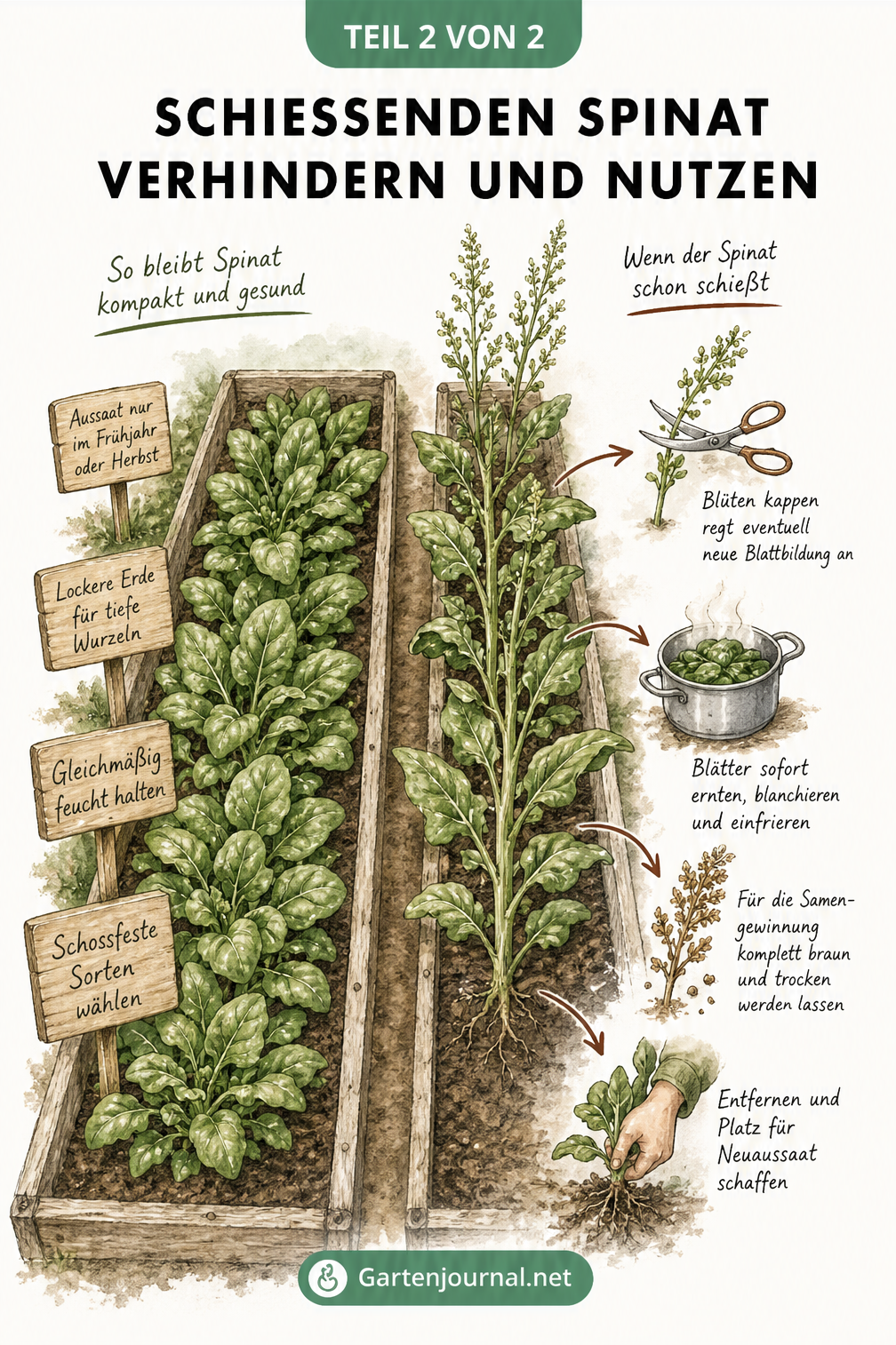 Illustration zweier Gartenbeete im Vergleich: Präventive Maßnahmen für buschigen Spinat und Handlungsoptionen bei blühendem Spinat