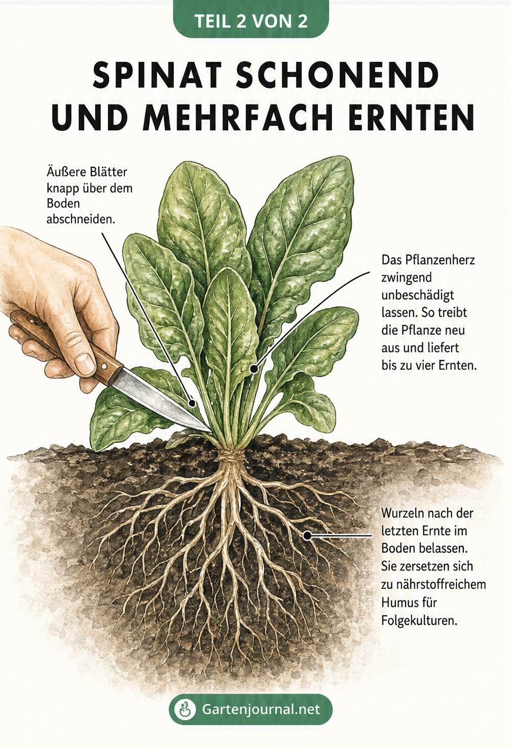 Querschnitt-Illustration einer Spinatpflanze, bei der äußere Blätter mit einem Messer geerntet werden