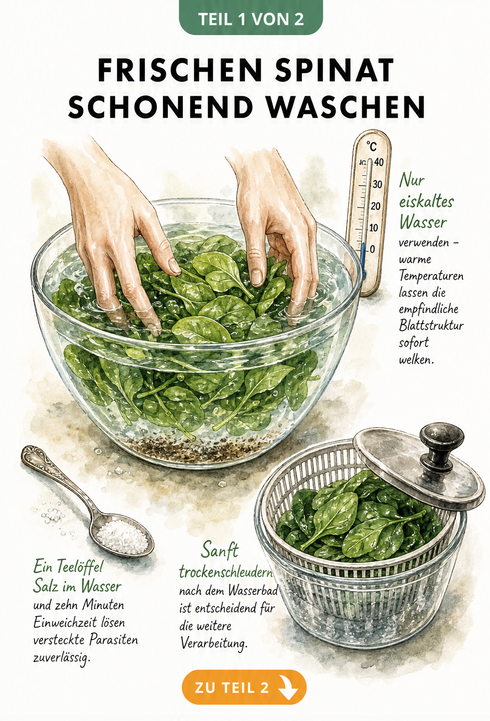 Illustration einer Glasschüssel mit Wasser und Spinatblättern, daneben ein Löffel Salz und eine Salatschleuder.