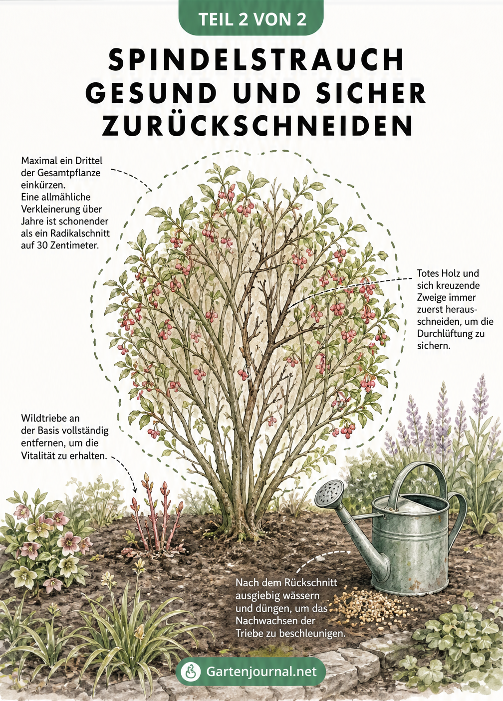 Illustration eines Spindelstrauchs im Beet, die zeigt, wie Wildtriebe an der Basis und totes Holz im Inneren entfernt werden.