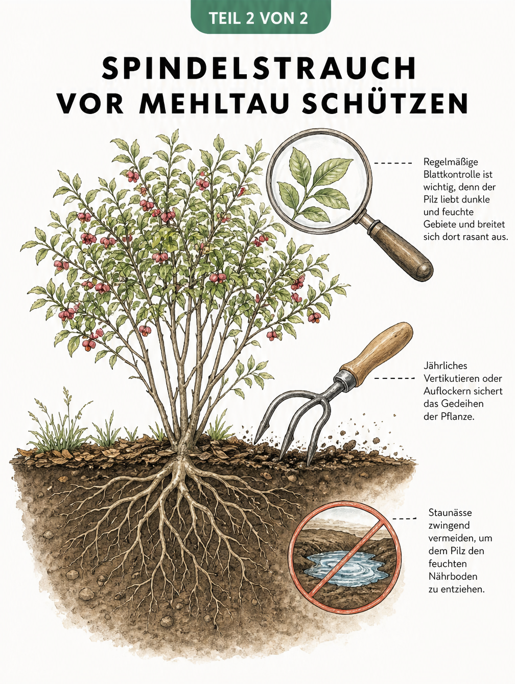 Querschnitt eines gesunden Spindelstrauchs mit Lupe zur Blattkontrolle, Handkralle zum Bodenauflockern und durchgestrichener Wasserpfütze gegen Staunässe.