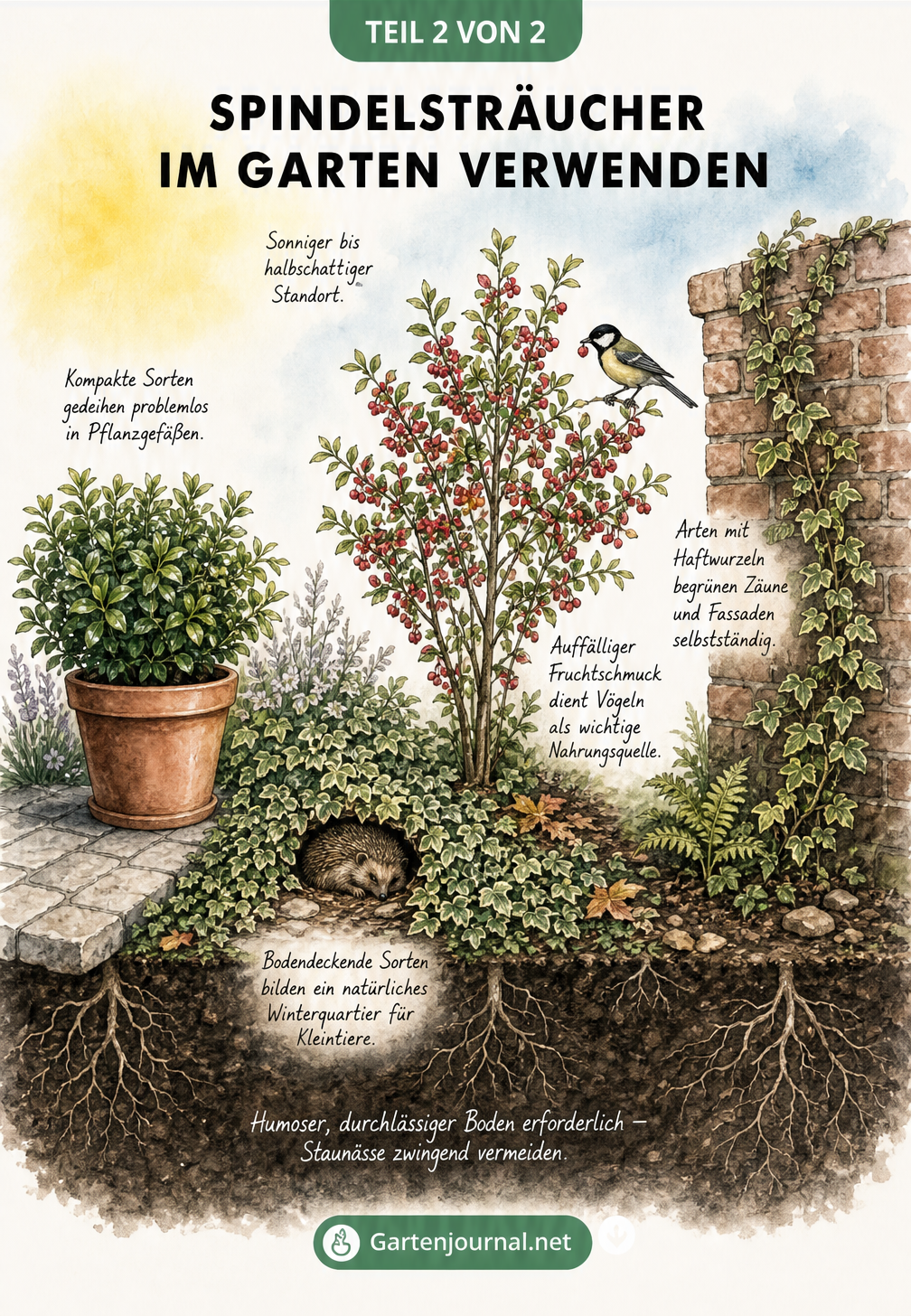 Querschnitt einer Gartenlandschaft mit Spindelsträuchern: im Kübel auf der Terrasse, als Bodendecker, als Solitärstrauch mit Beeren und als Kletterpflanze an...