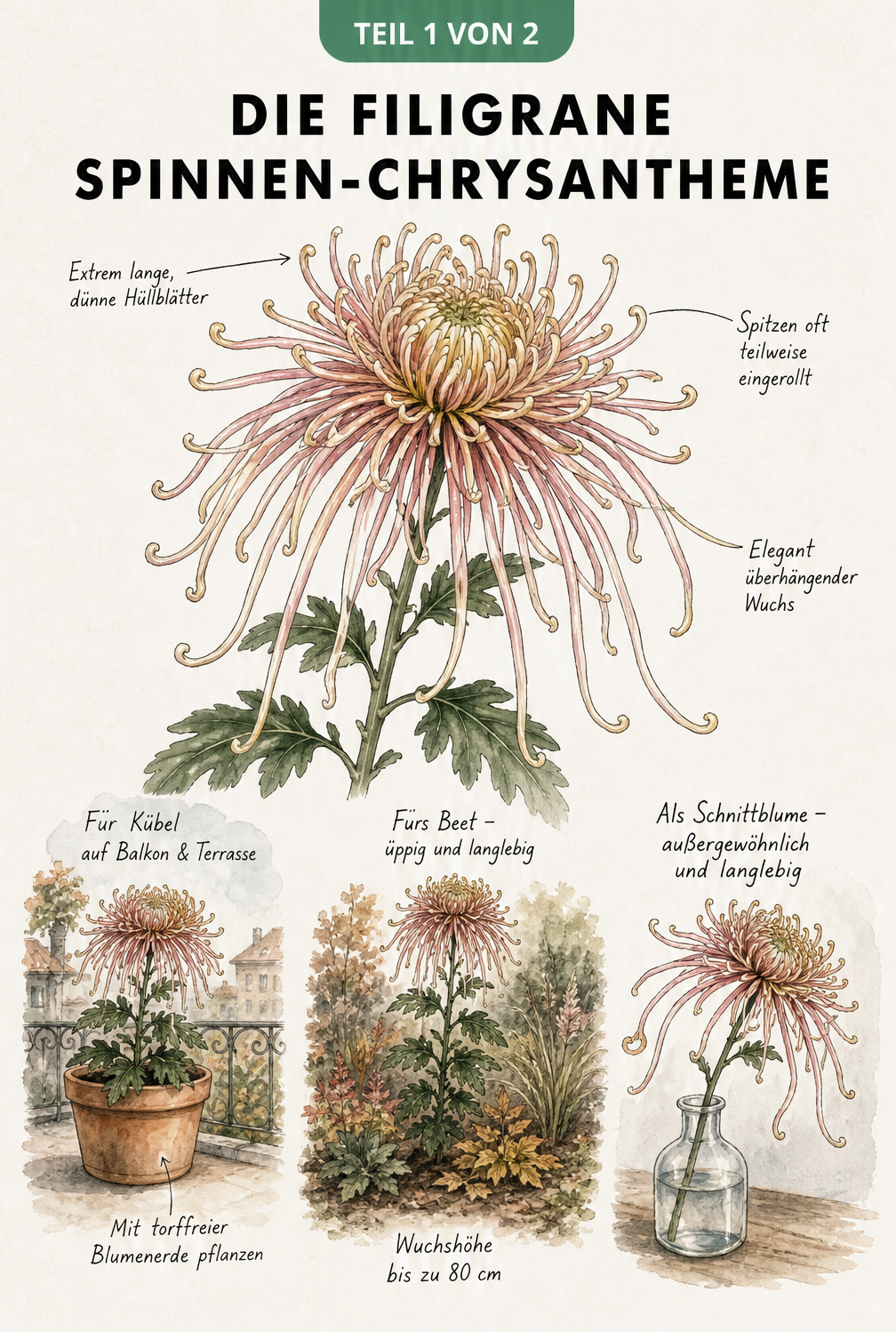 Botanische Illustration einer Spinnen-Chrysantheme mit Details zu den filigranen Hüllblättern und Beispielen für die Verwendung im Kübel, Beet und als...