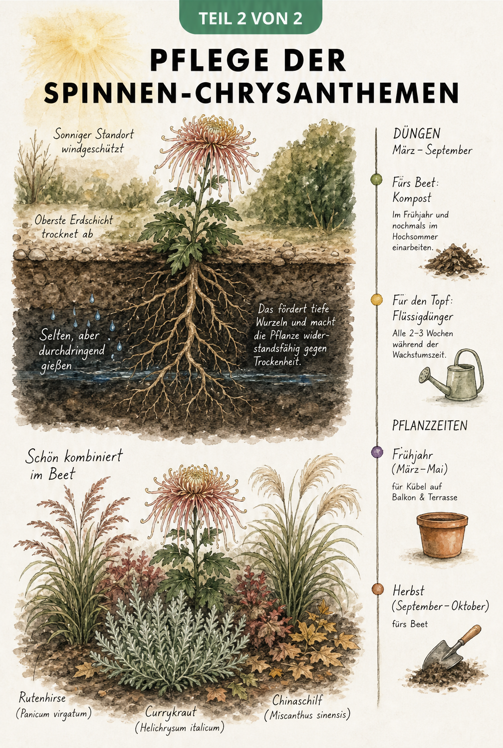 Querschnitt durch das Erdreich einer Spinnen-Chrysantheme mit Tipps zum Gießverhalten, Düngen und idealen Pflanzpartnern wie Rutenhirse und Currykraut