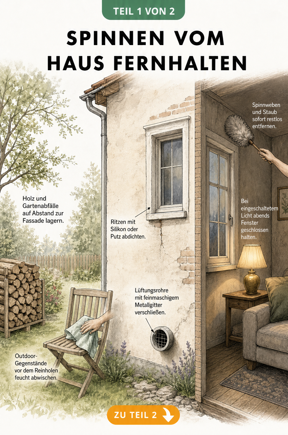 Querschnitt eines Hauses mit Garten, der zeigt, wie man Spinnen durch Abdichten von Ritzen und Abstand von Holzstapeln fernhält.
