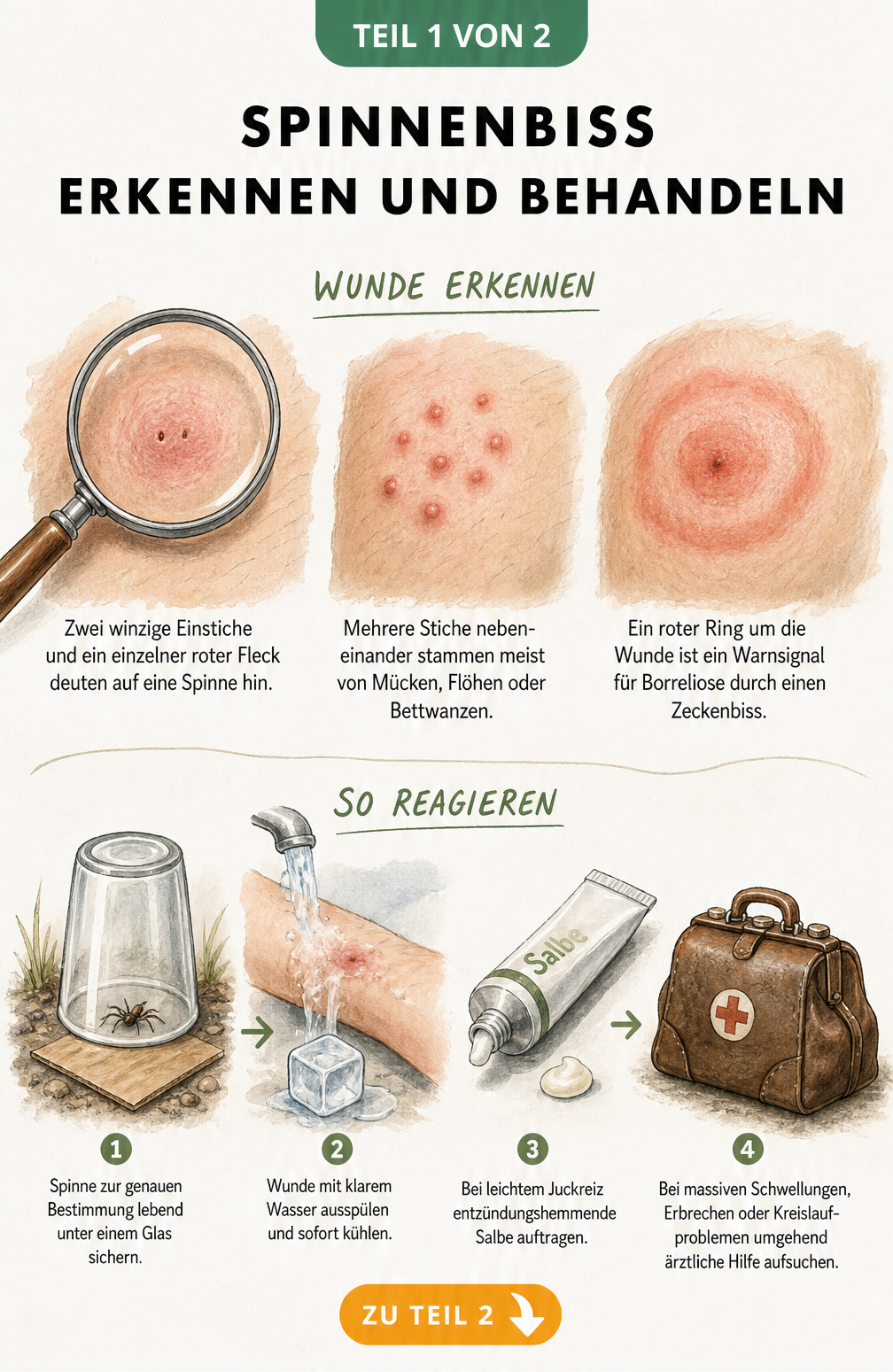 Illustration zur Erkennung und Behandlung eines Spinnenbisses mit Darstellung von Einstichstellen und Erster Hilfe