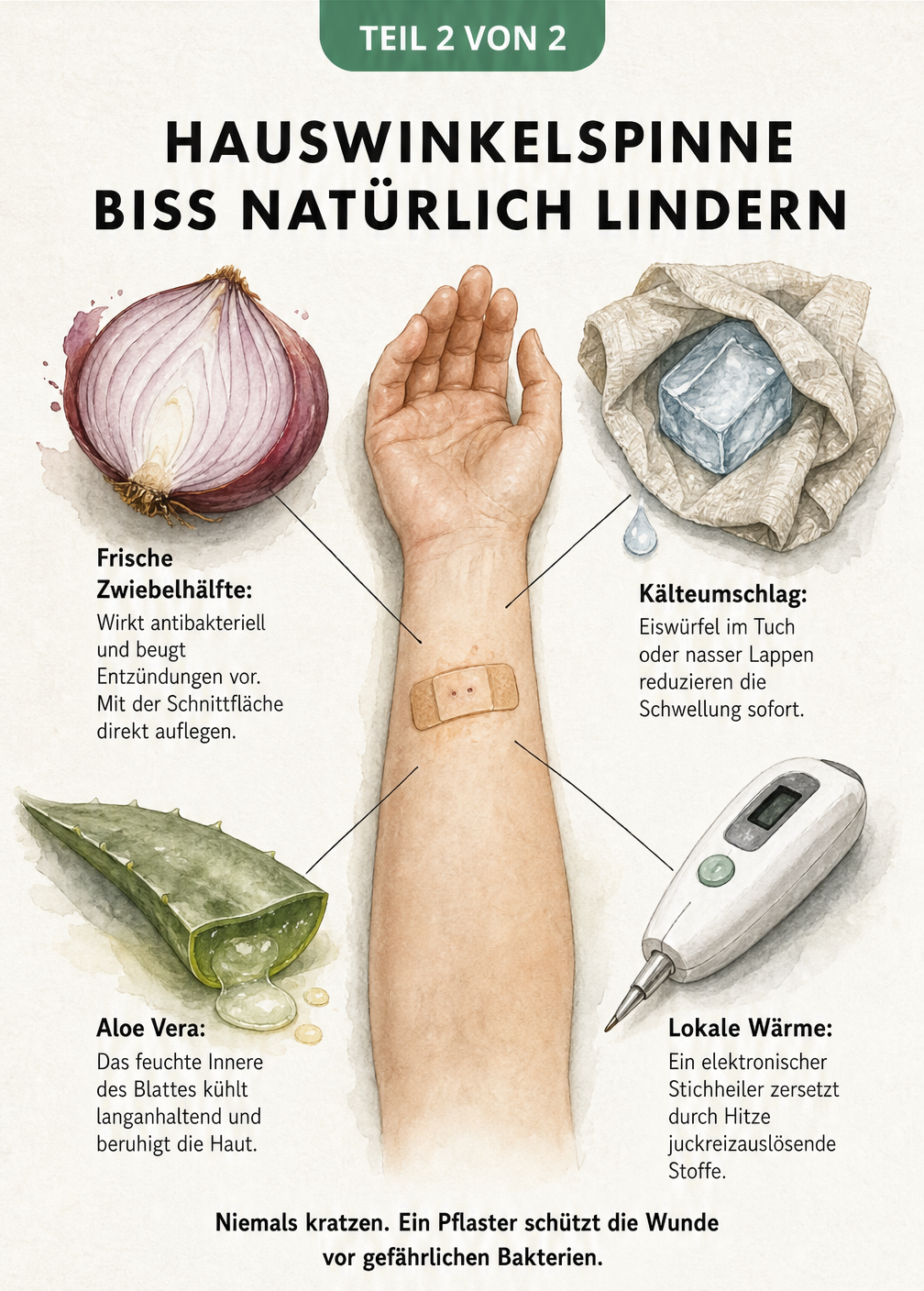 Illustration von natürlichen Hausmitteln gegen Spinnenbisse wie Zwiebel, Eiswürfel, Aloe Vera und elektronischer Stichheiler