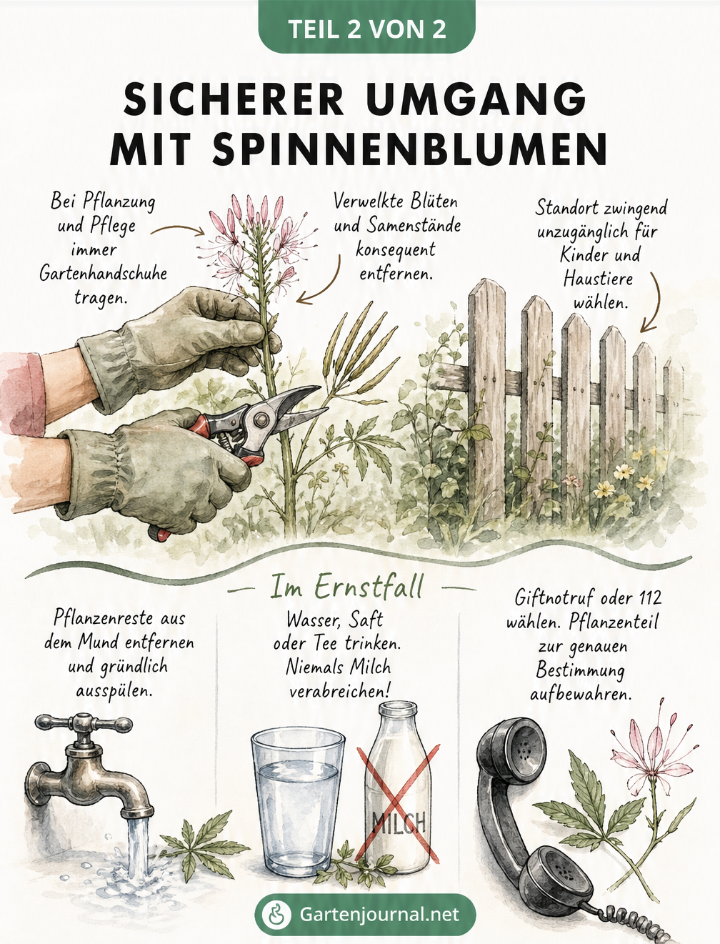 Illustration zum sicheren Umgang mit der Spinnenblume im Garten und Erste-Hilfe-Maßnahmen bei Vergiftung