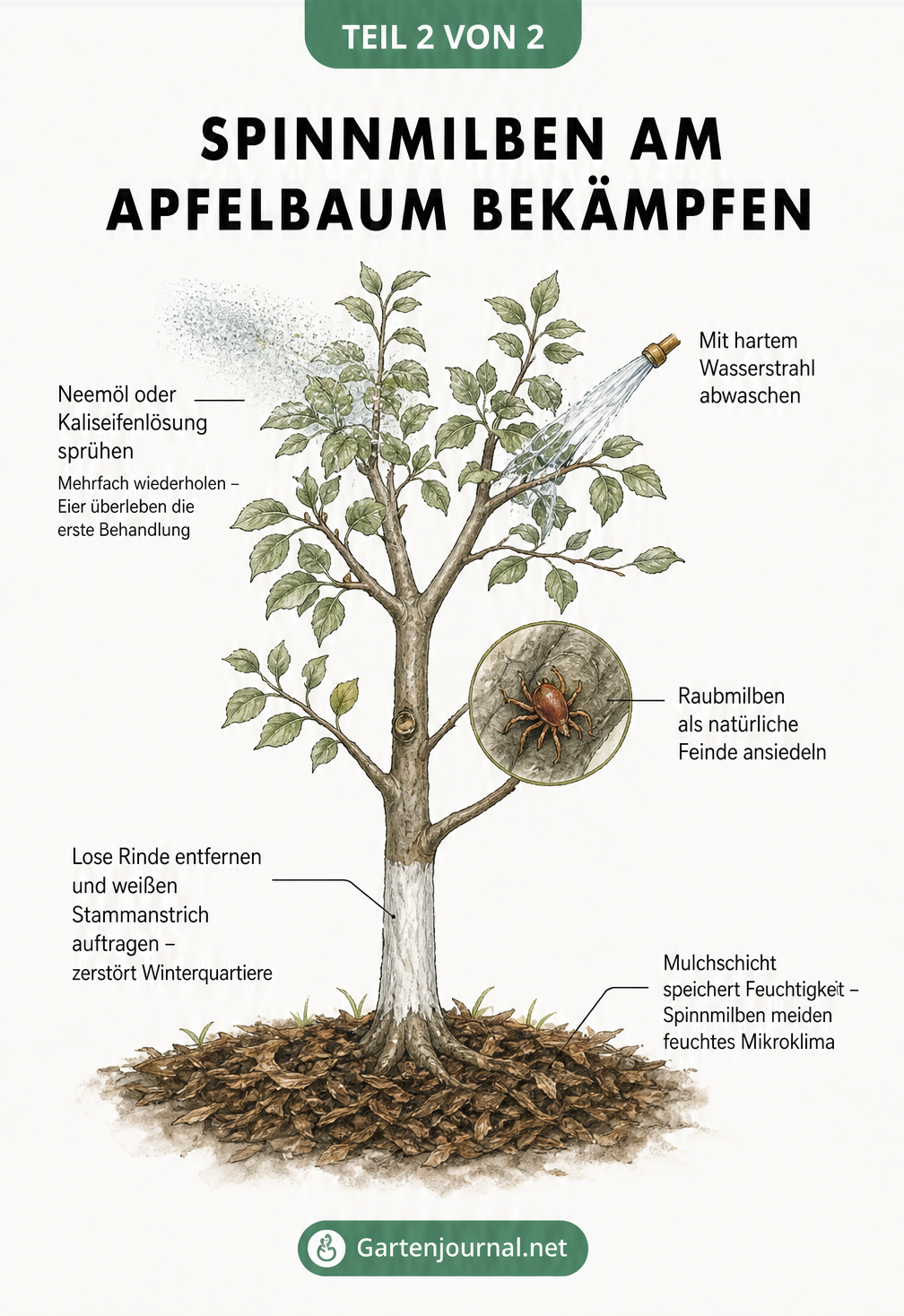 Illustration eines Apfelbaums mit verschiedenen Bekämpfungsmaßnahmen gegen Spinnmilben wie Neemöl, Raubmilben, Stammanstrich und Mulchschicht.