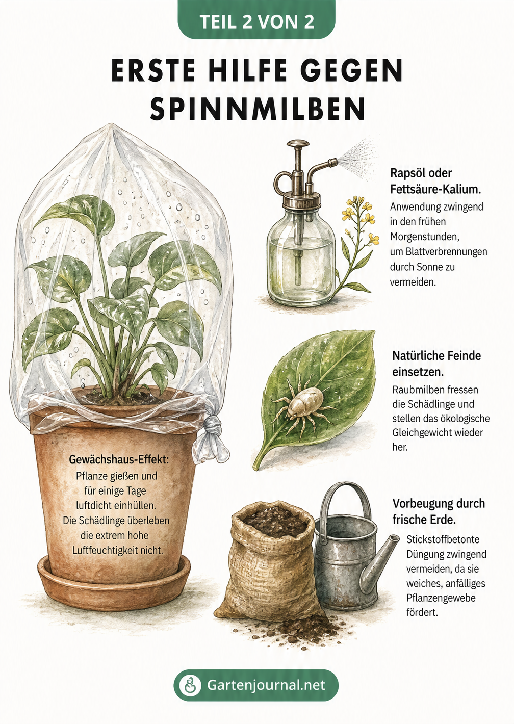 Illustration von Maßnahmen gegen Spinnmilben wie Gewächshaus-Effekt, Rapsöl, Raubmilben und frische Erde