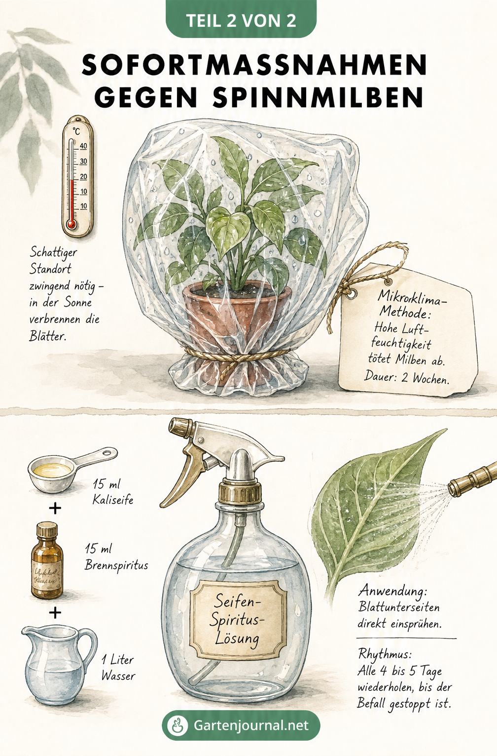 Illustration einer Zimmerpflanze unter einer Plastiktüte und einer Sprühflasche mit Seifen-Spiritus-Lösung