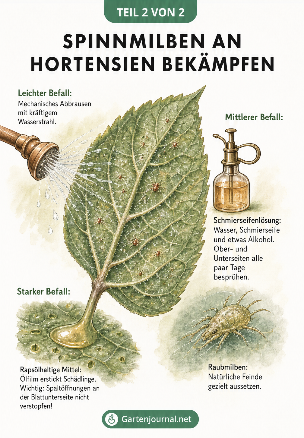 Illustration eines Hortensienblattes mit Spinnmilben und drei Behandlungsstationen: Abbrausen mit Wasser, Schmierseifenlösung mit Raubmilben und Rapsöl.