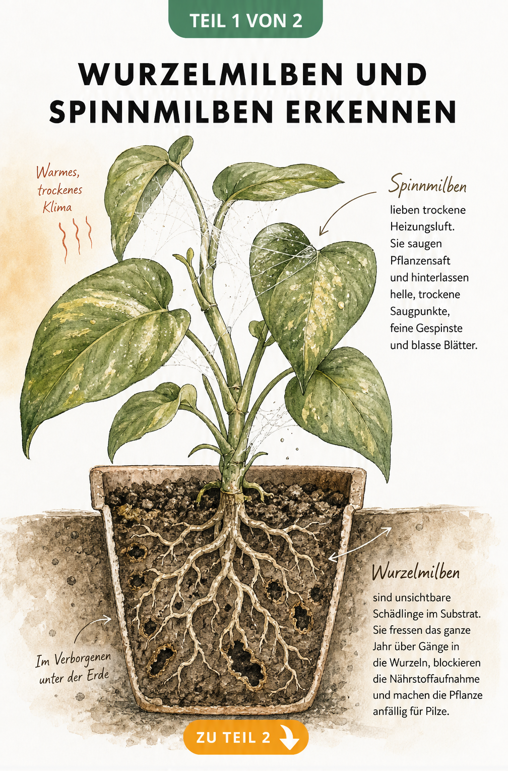 Botanische Illustration einer Zimmerpflanze im Querschnitt, die Spinnmilben an den Blättern und Wurzelmilben im Erdreich zeigt.