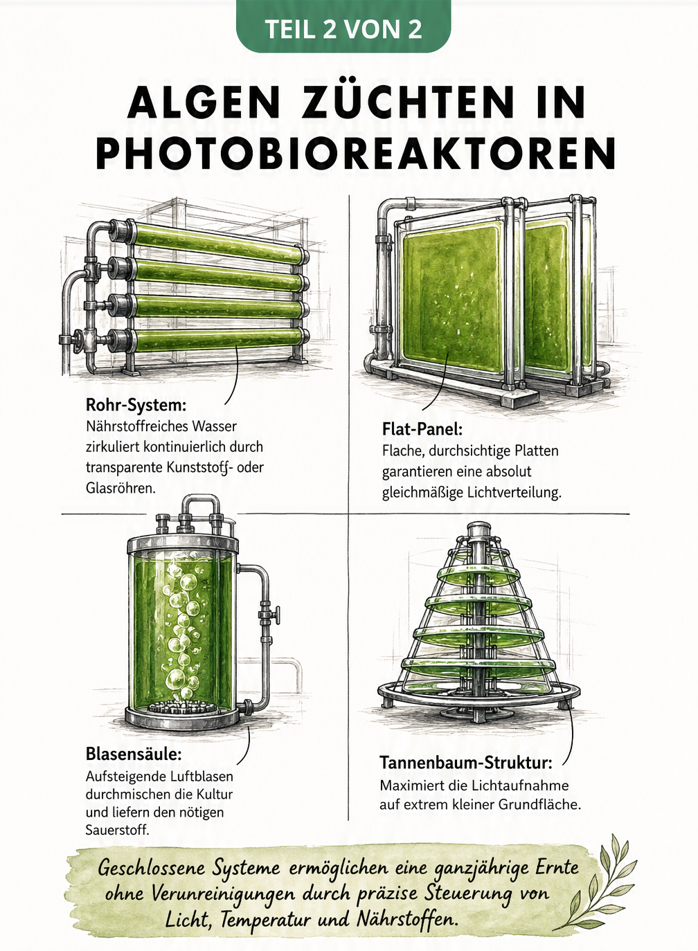 Illustration eines Einmachglases auf einer Fensterbank zur Zucht von Spirulina-Algen mit Schreibtischlampe, Aquariumpumpe und Nährmedium.