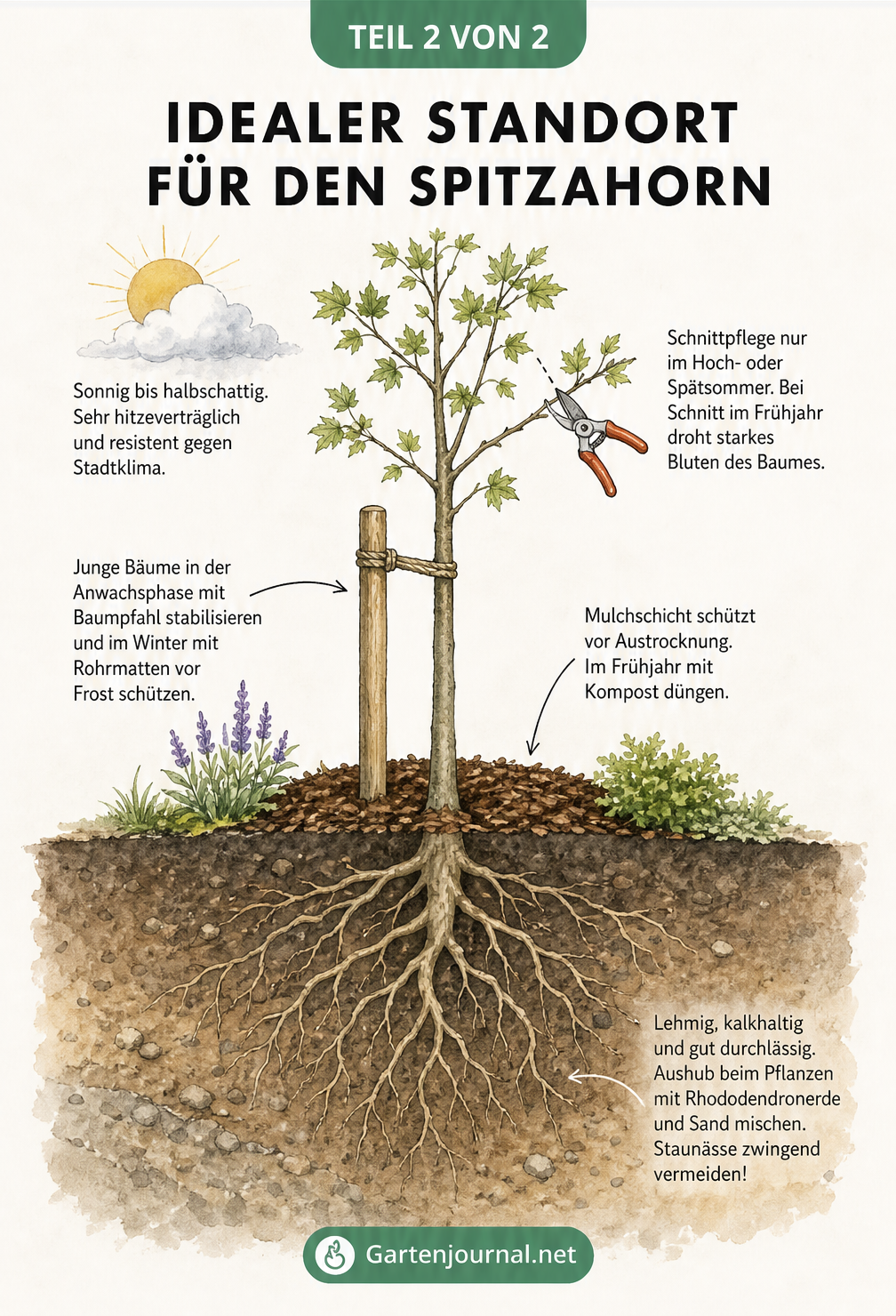 Illustration zum idealen Standort und zur Pflege des Spitzahorns im Garten