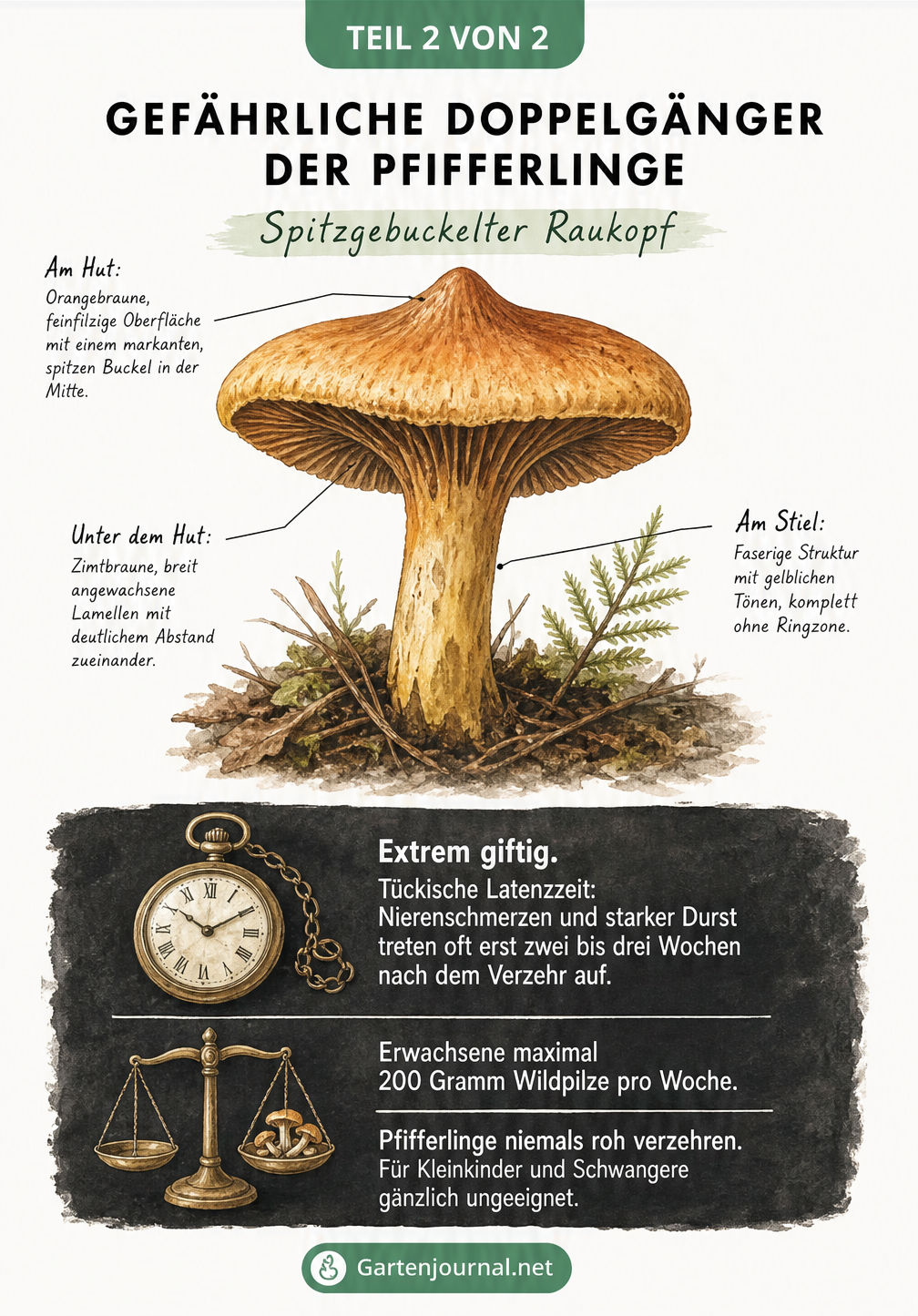 Aquarell-Illustration des Spitzgebuckelten Raukopfs mit Warnhinweisen zu Giftigkeit und Latenzzeit