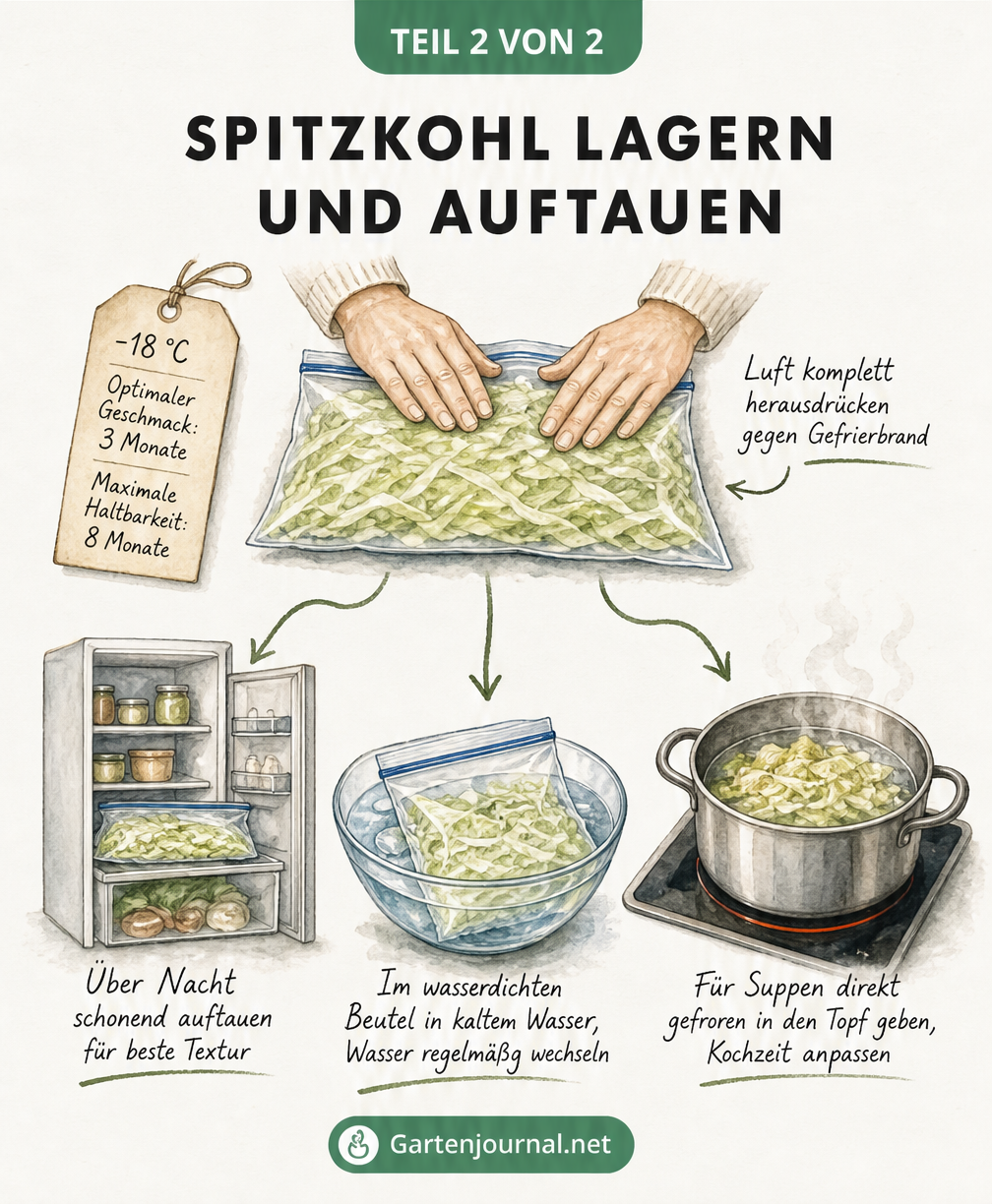 Zeitstrahl-Illustration zur Lagerung und zum Auftauen von Spitzkohl im Gefrierbeutel