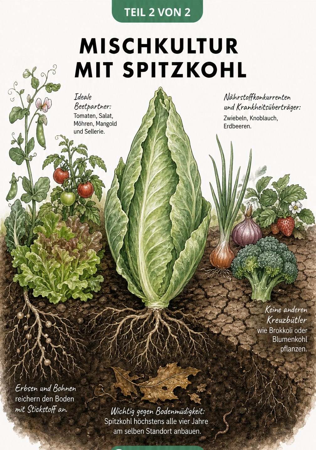 Illustration eines Spitzkohls im Beet mit guten Nachbarn wie Erbsen und Tomaten sowie schlechten Nachbarn wie Zwiebeln