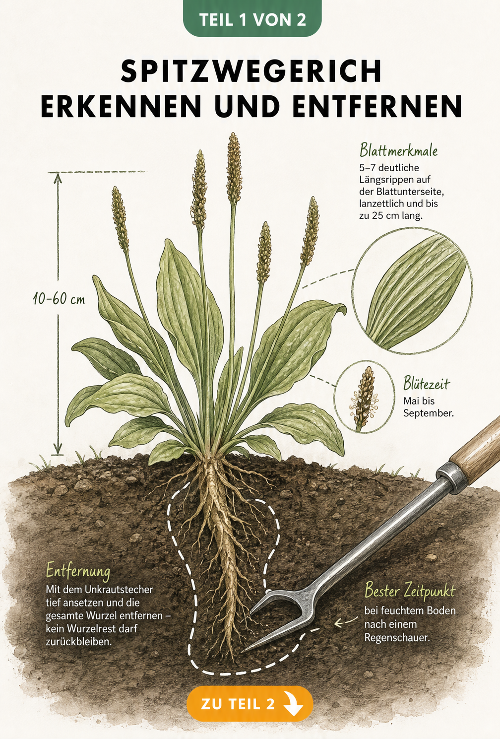 Botanische Illustration eines Spitzwegerichs mit Wurzel im Querschnitt und Unkrautstecher