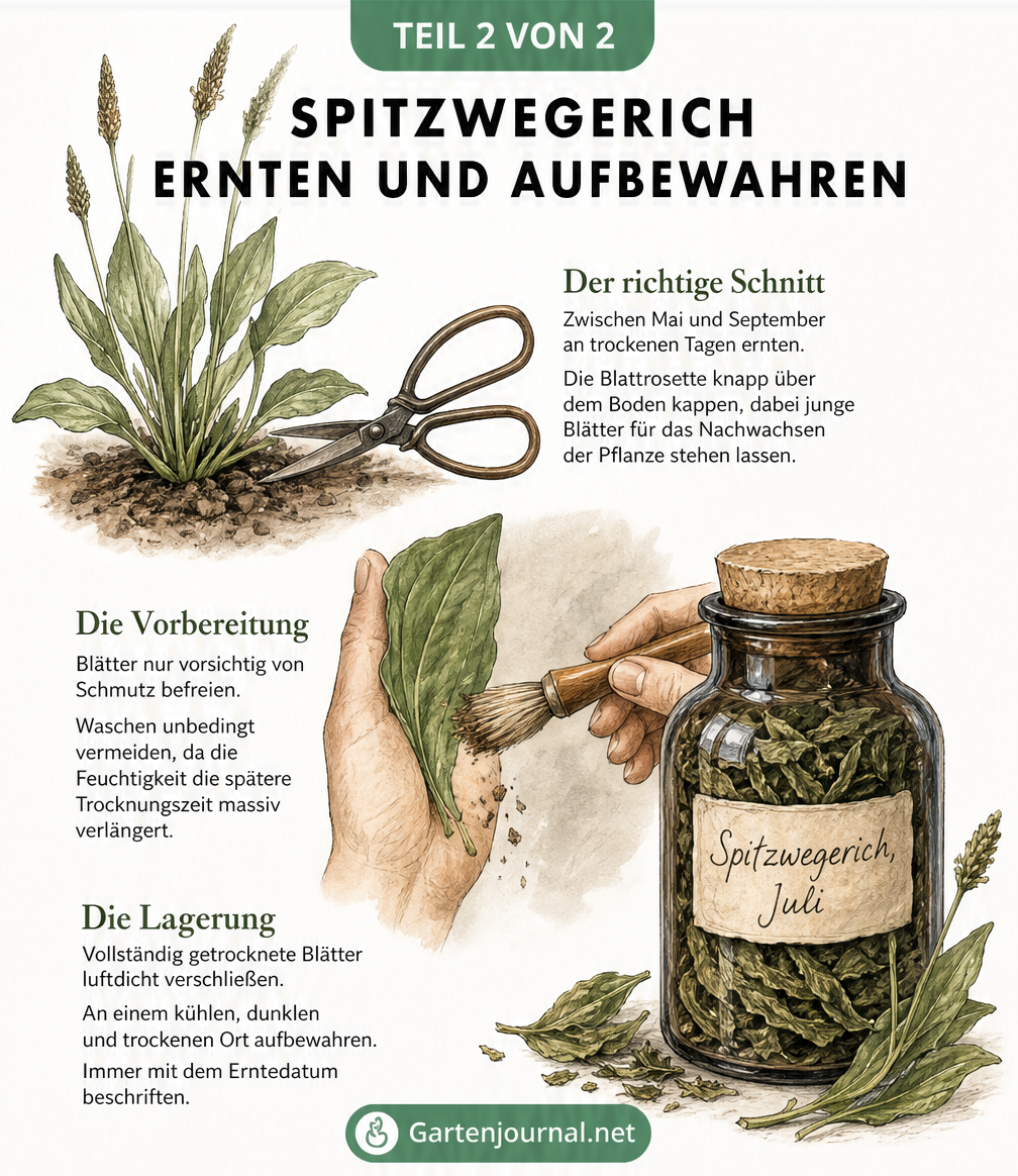 Illustration zum Ernten, Vorbereiten und Lagern von Spitzwegerich in einem Apothekerglas