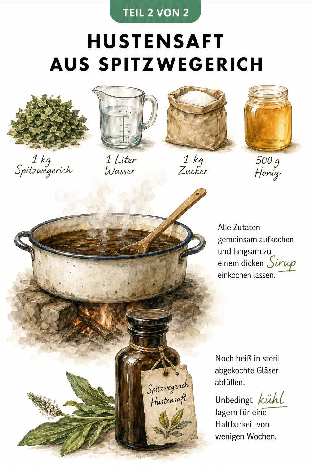 Rezeptkarte für selbstgemachten Hustensaft aus Spitzwegerich mit Zutaten und Zubereitungsschritten