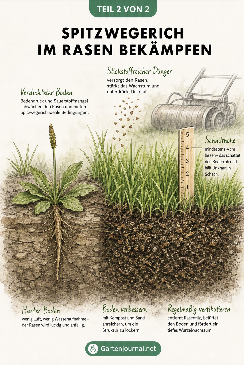 Schnittdarstellung eines Gartenbodens: links verdichtet mit Spitzwegerich, rechts locker mit gesundem Rasen