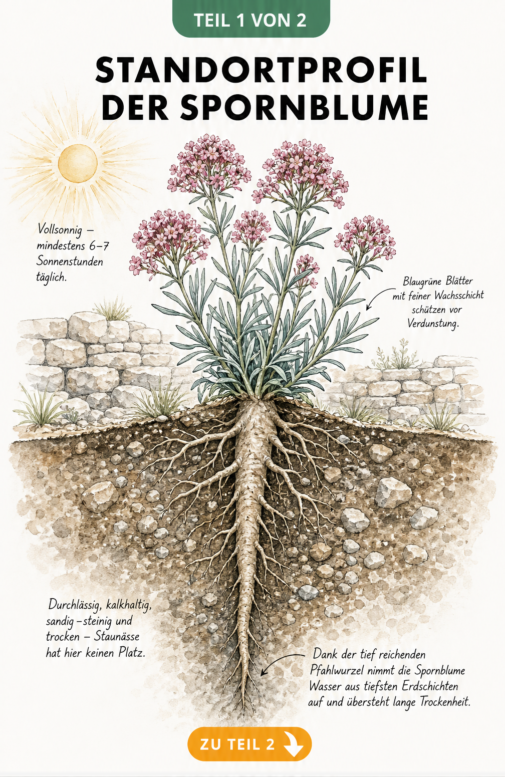 Botanische Illustration der Spornblume mit tiefreichender Pfahlwurzel im Querschnitt