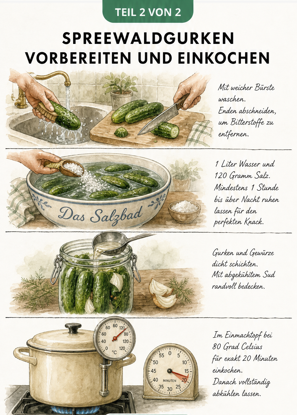 Vier illustrierte Schritte zum Vorbereiten und Einkochen von Spreewaldgurken: Waschen, Salzbad, Schichten im Glas und Einkochen im Topf