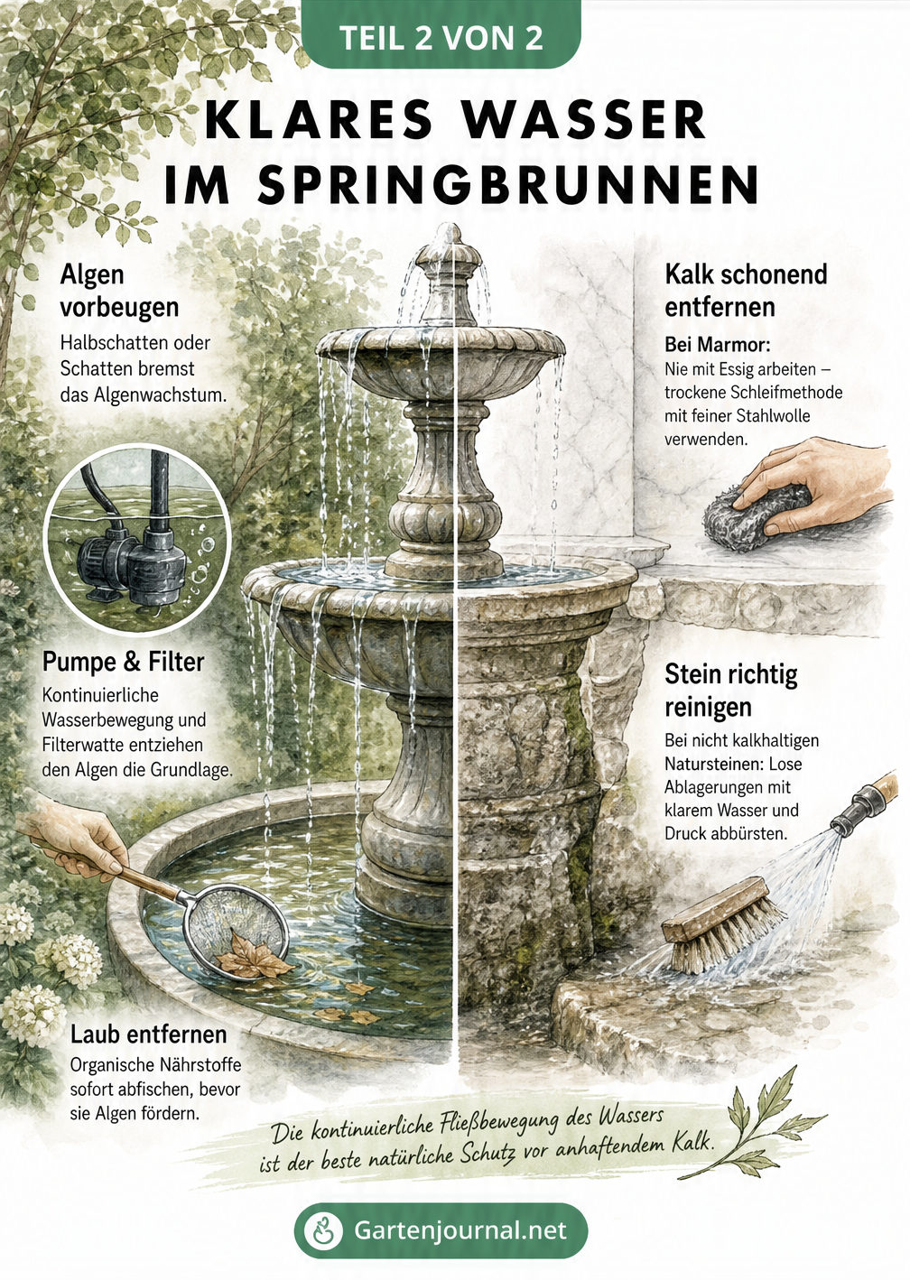 Illustration eines Garten-Springbrunnens mit Tipps zur Algenprävention durch Schatten und Filter sowie zur Kalkentfernung bei Marmor und Naturstein
