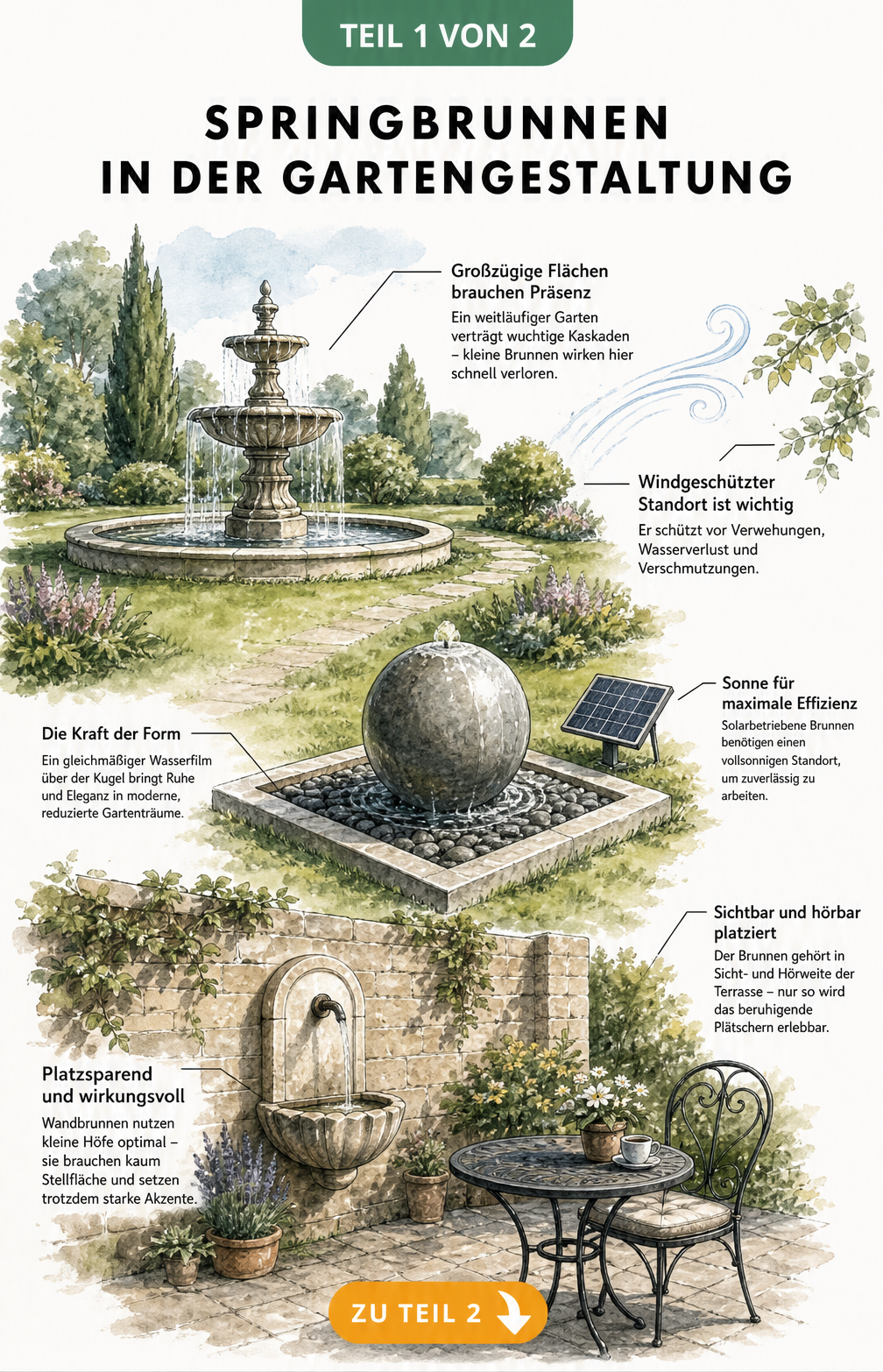 Illustration verschiedener Springbrunnen in der Gartengestaltung: Standbrunnen, Kugelbrunnen und Wandbrunnen