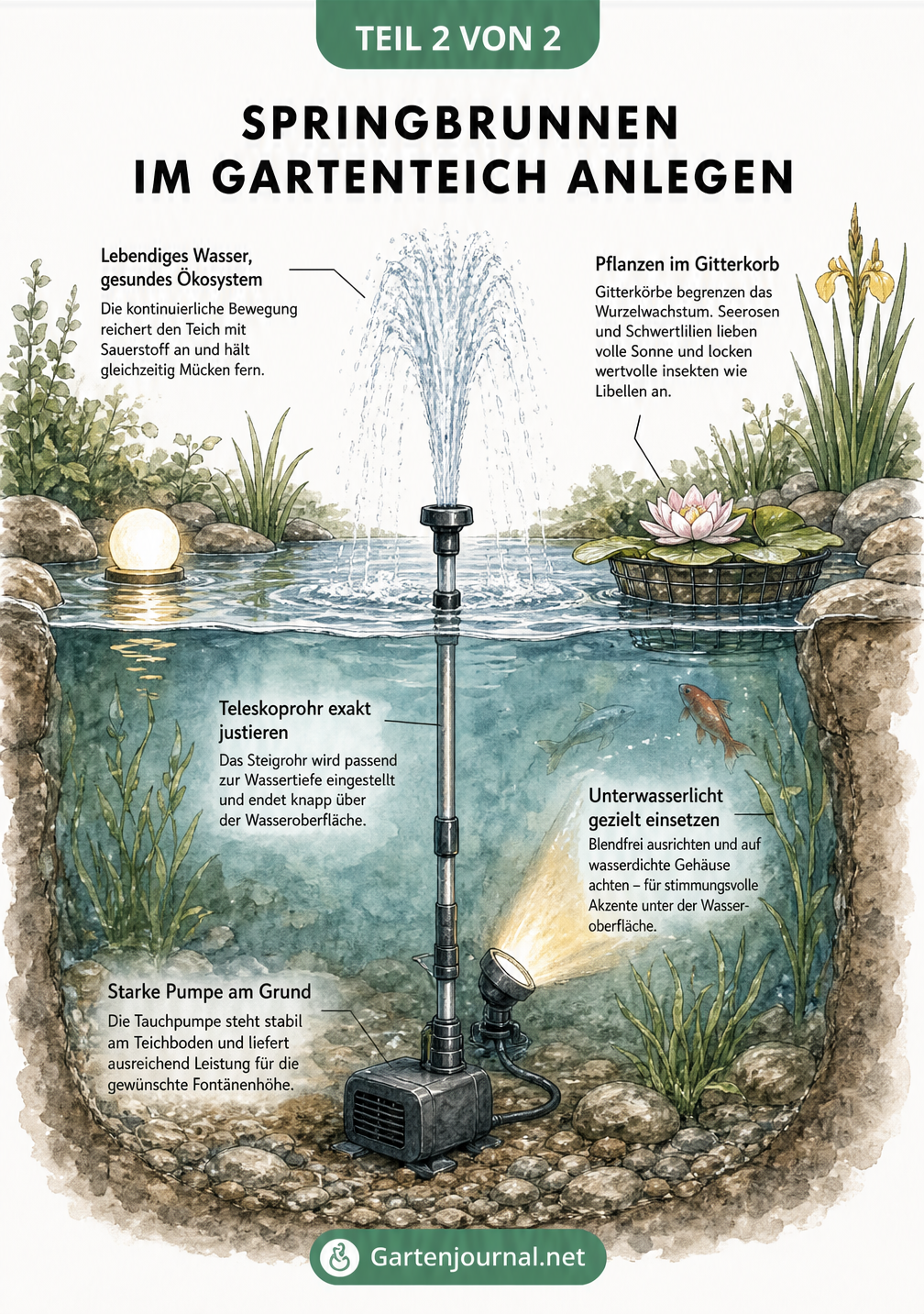 Querschnitt eines Gartenteichs mit Springbrunnen, Tauchpumpe, Fontänendüse und Unterwasserbeleuchtung