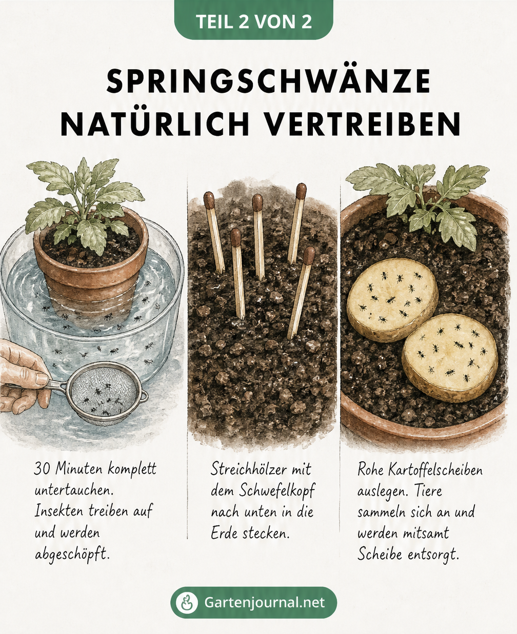 Drei illustrierte Methoden zur Bekämpfung von Springschwänzen: Wasserbad, Schwefel-Methode mit Streichhölzern und Kartoffelfalle