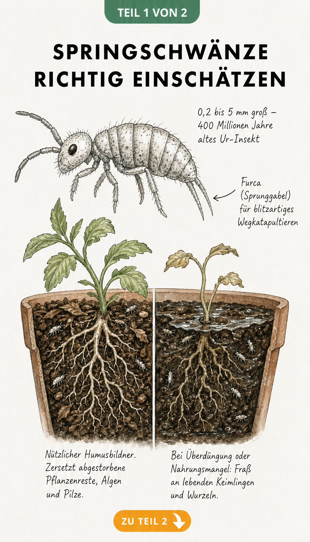 Botanische Illustration eines Springschwanzes mit Anatomie und Querschnitt eines Blumentopfs bei gesundem und überdüngtem Boden
