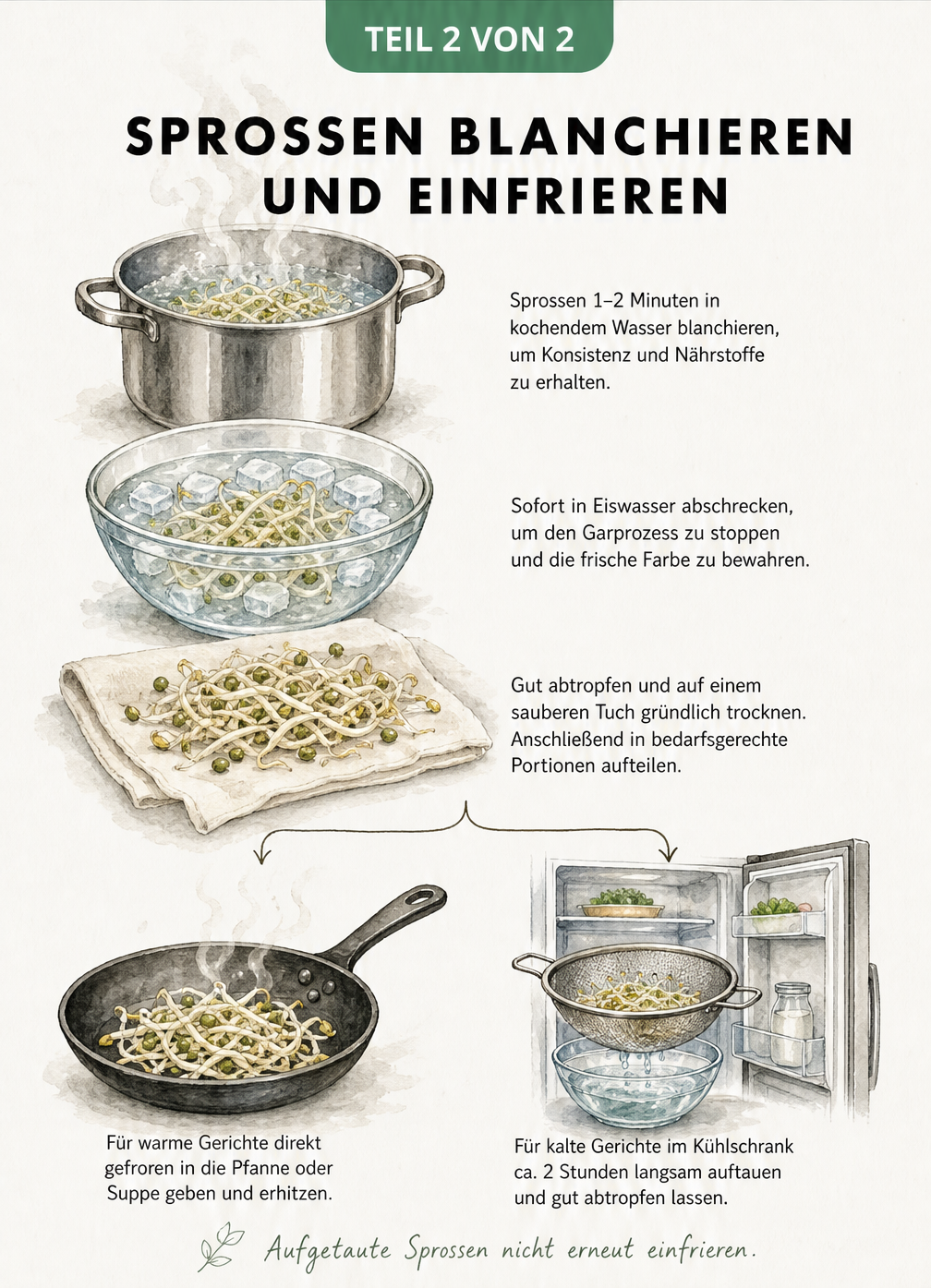 Schritt-für-Schritt-Anleitung zum Blanchieren, Abschrecken und Einfrieren von Sprossen für warme und kalte Gerichte