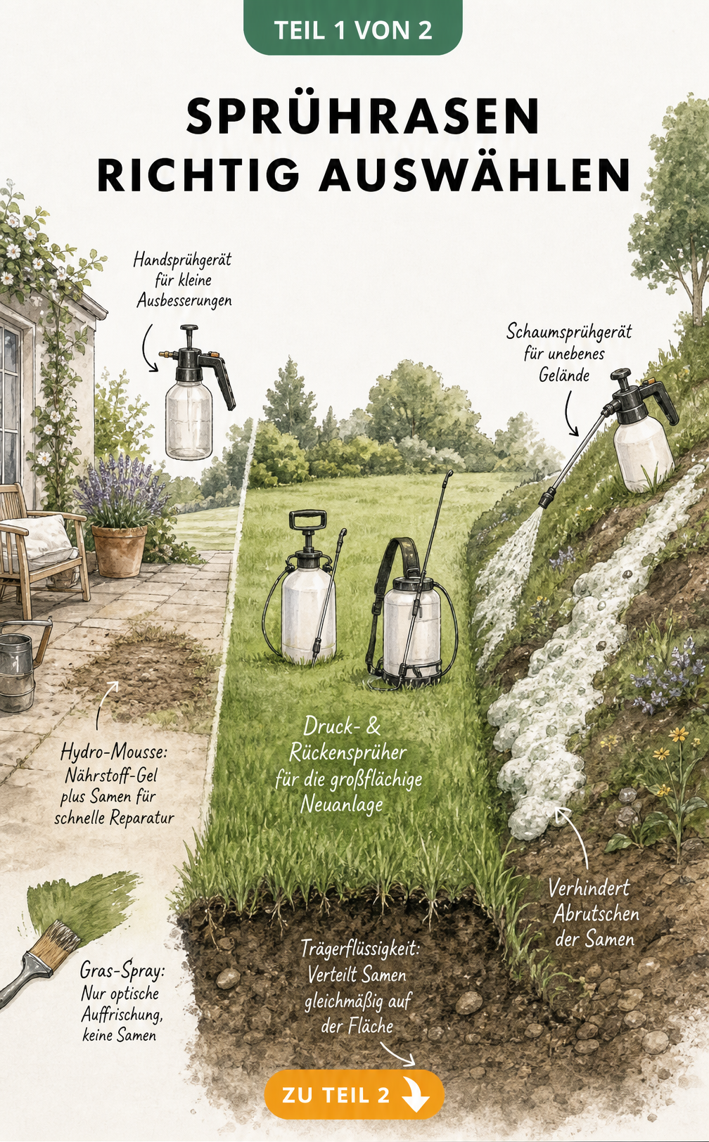 Illustration verschiedener Sprühgeräte für Rasen: Handsprühgerät, Drucksprüher und Schaumsprühgerät im Garten