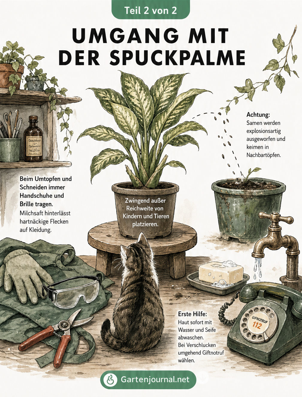 Illustration einer Gärtner-Werkbank mit Spuckpalme, Schutzhandschuhen, Brille und Hinweisen zum sicheren Umgang