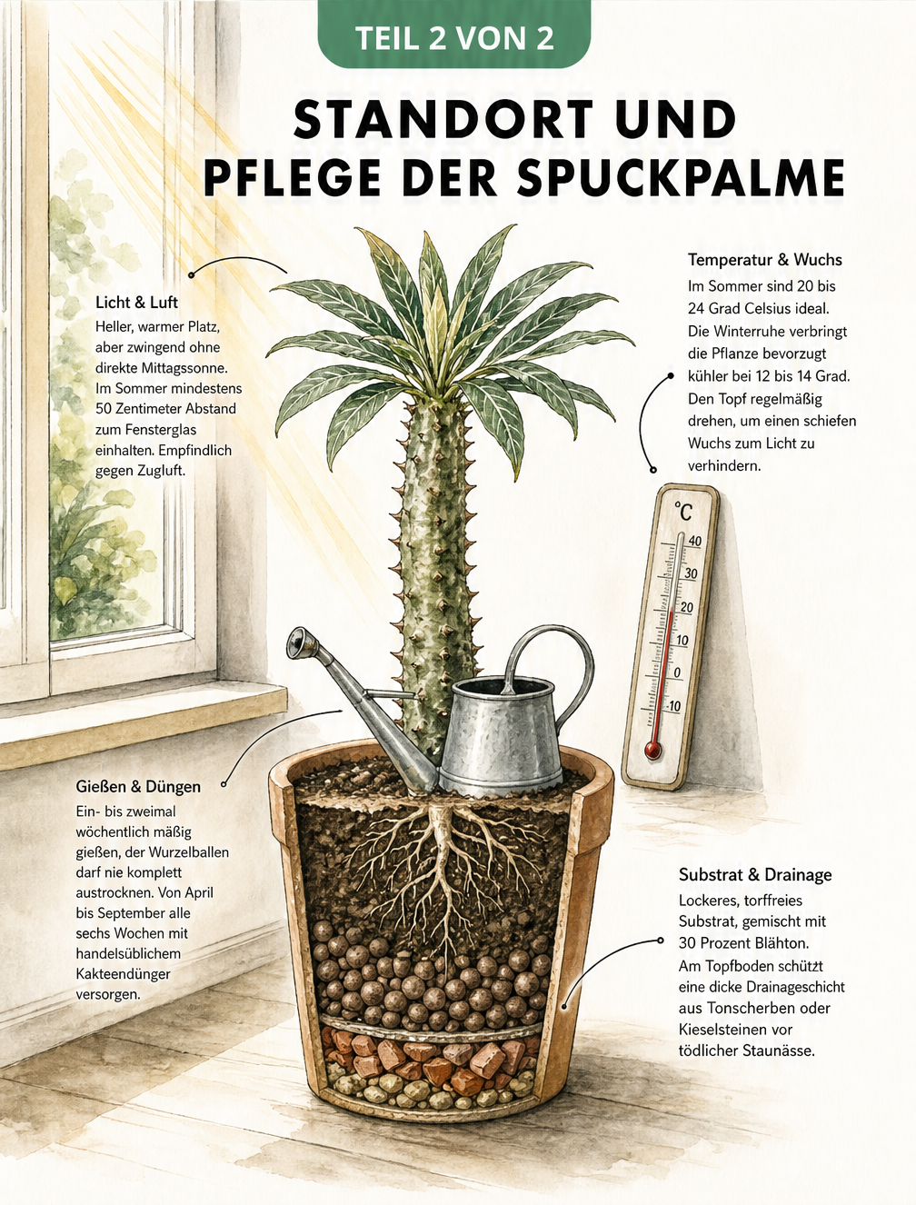 Querschnitt einer Raumszene mit Spuckpalme im Topf, die Lichtbedarf, Temperatur, Gießen und Substrat zeigt