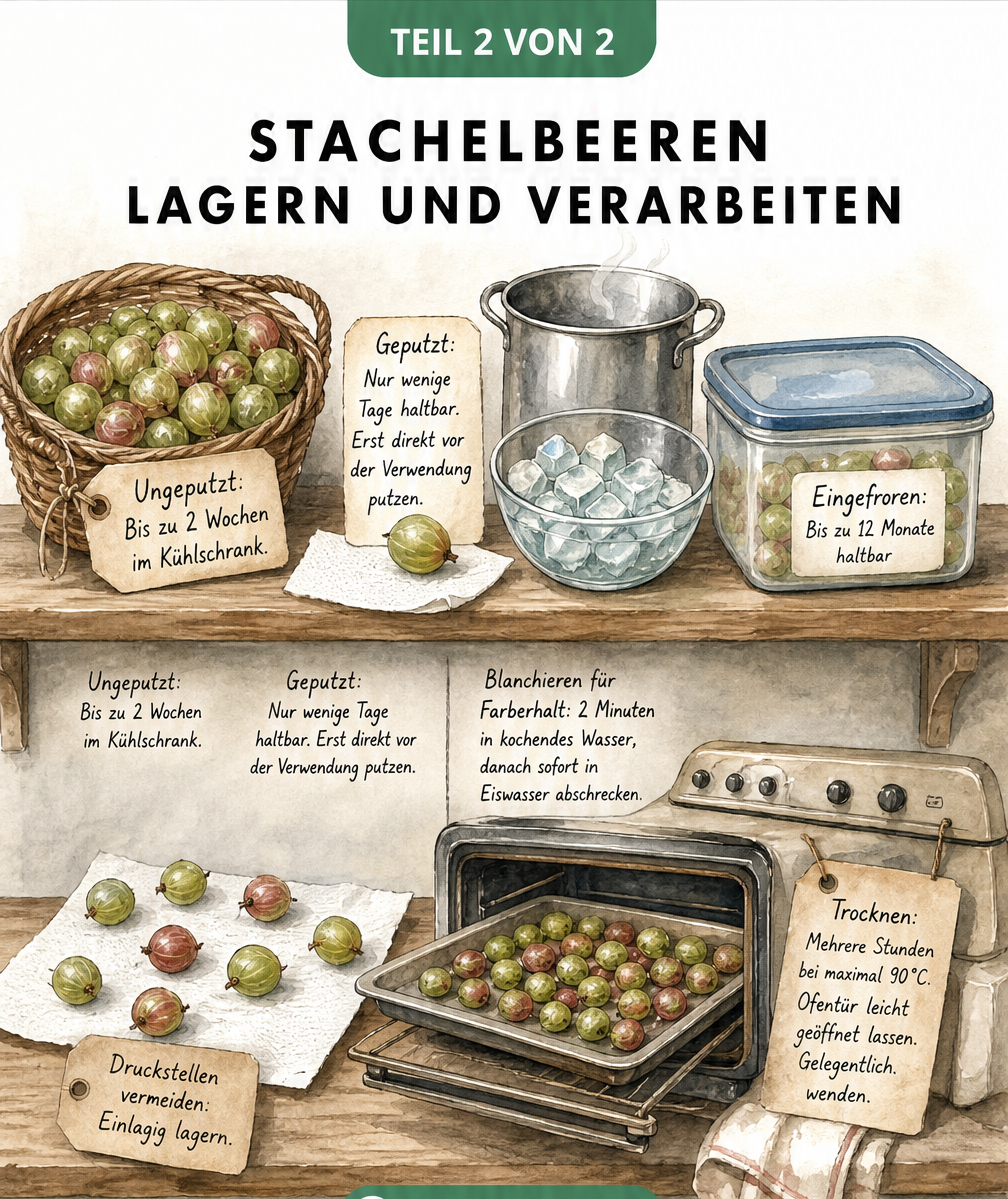 Zeitstrahl auf einem Küchenregal zur Lagerung und Verarbeitung von Stachelbeeren: Ungeputzt im Korb, geputzt auf Küchenpapier, blanchiert zum Einfrieren und im...