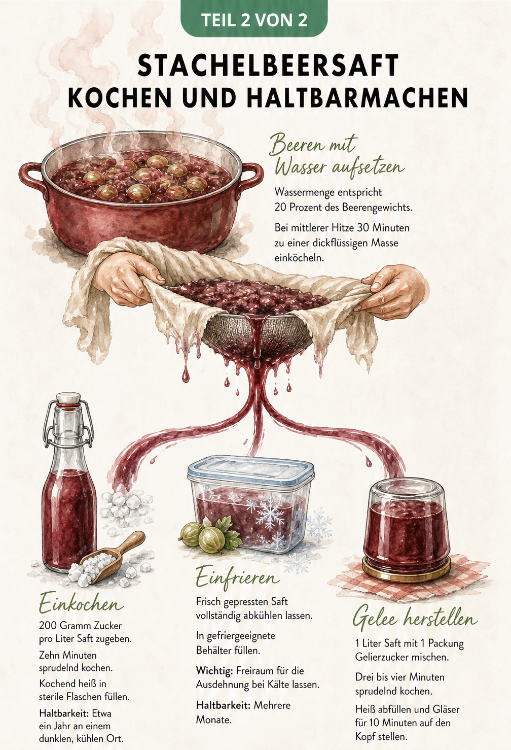 Illustration zum Kochen und Haltbarmachen von Stachelbeersaft durch Einkochen, Einfrieren oder als Gelee