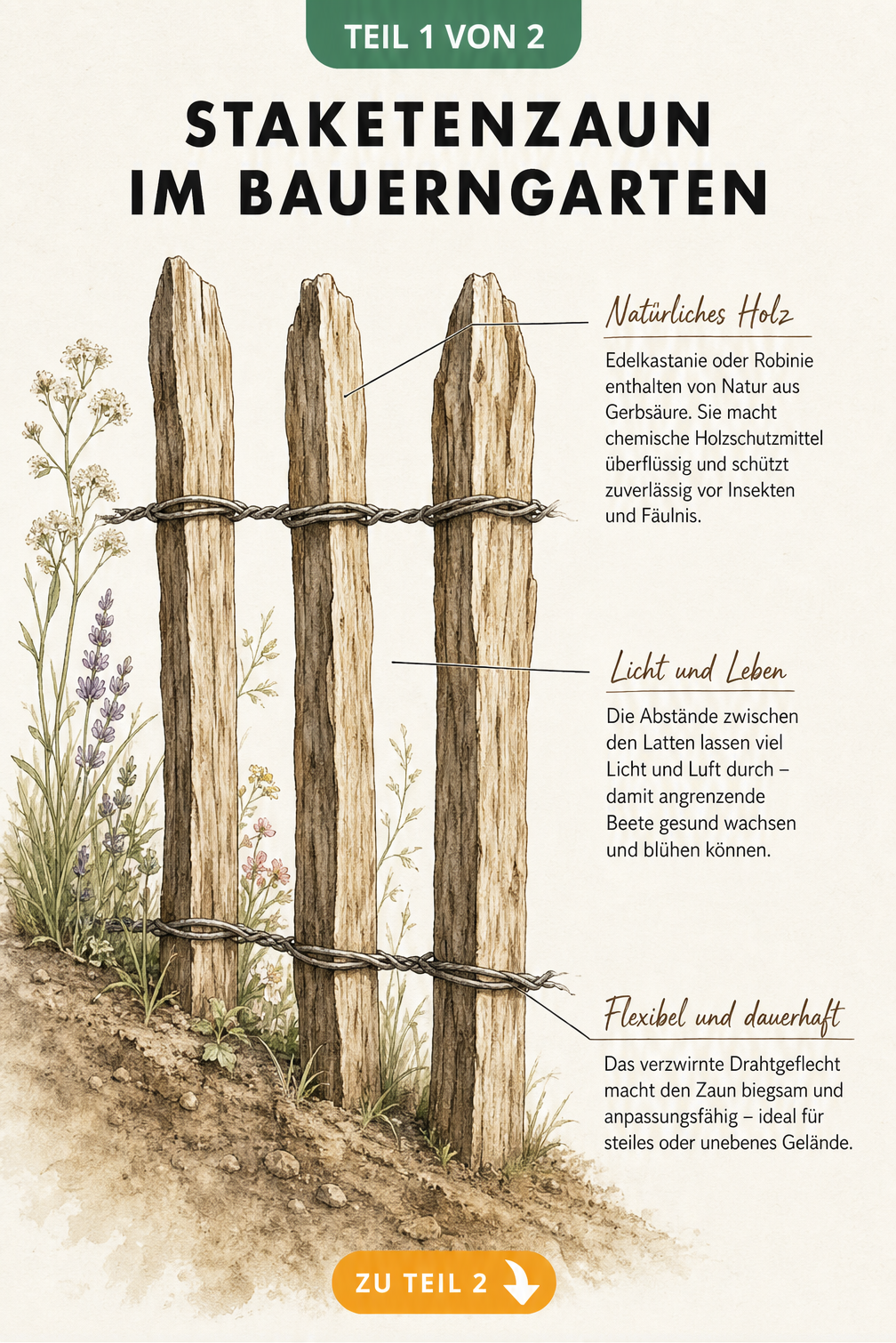 Illustration eines Staketenzauns aus Holzlatten und Draht mit Erklärungen zu Material und Aufbau
